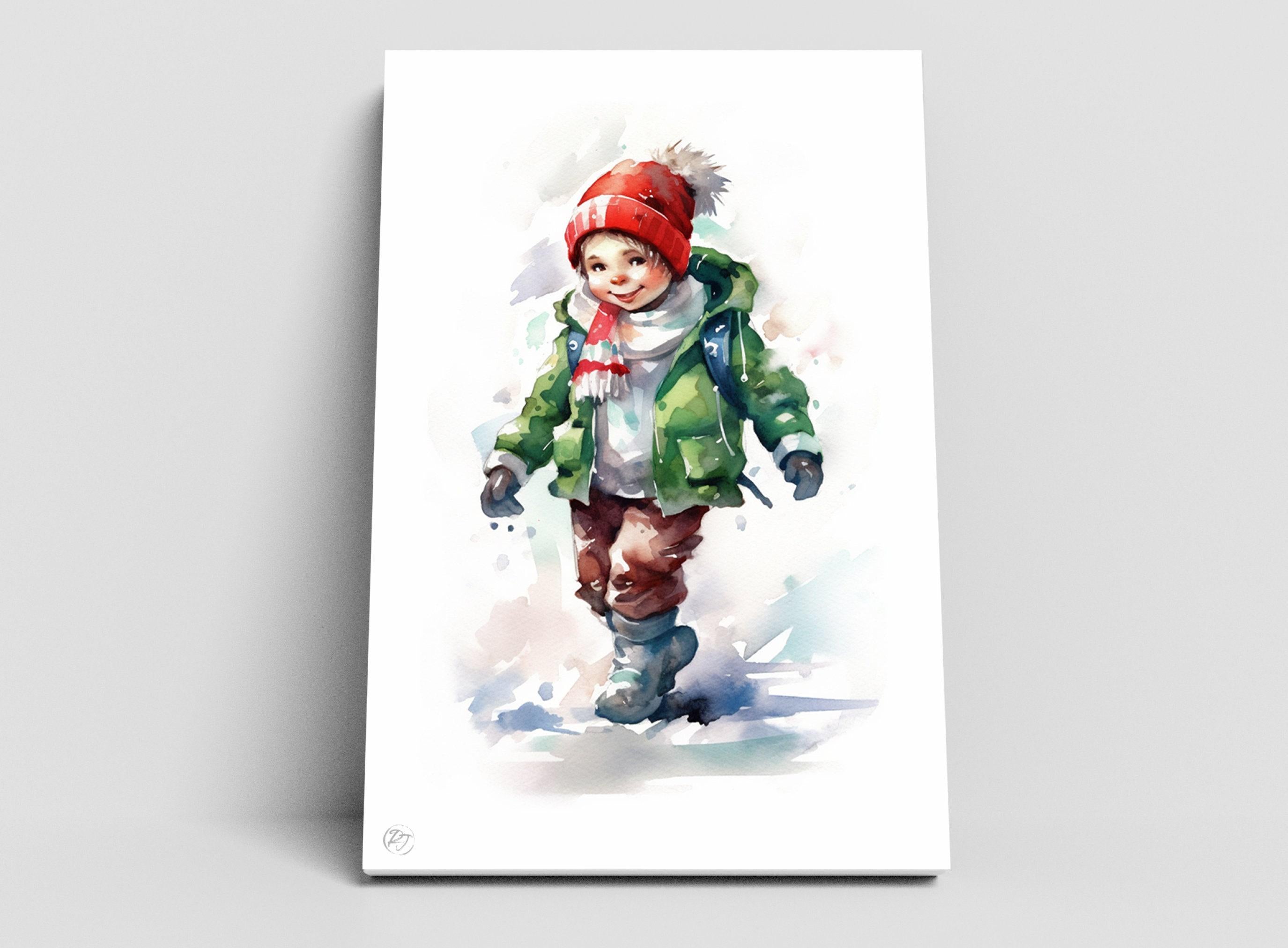Joyful Christmas Child - Festive Holiday Watercolor, Giclee Print on Canvas, Artist Paper, Watercolor Paper, Available in Extra Large Sizes