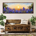 a painting on a wall above a wooden bench