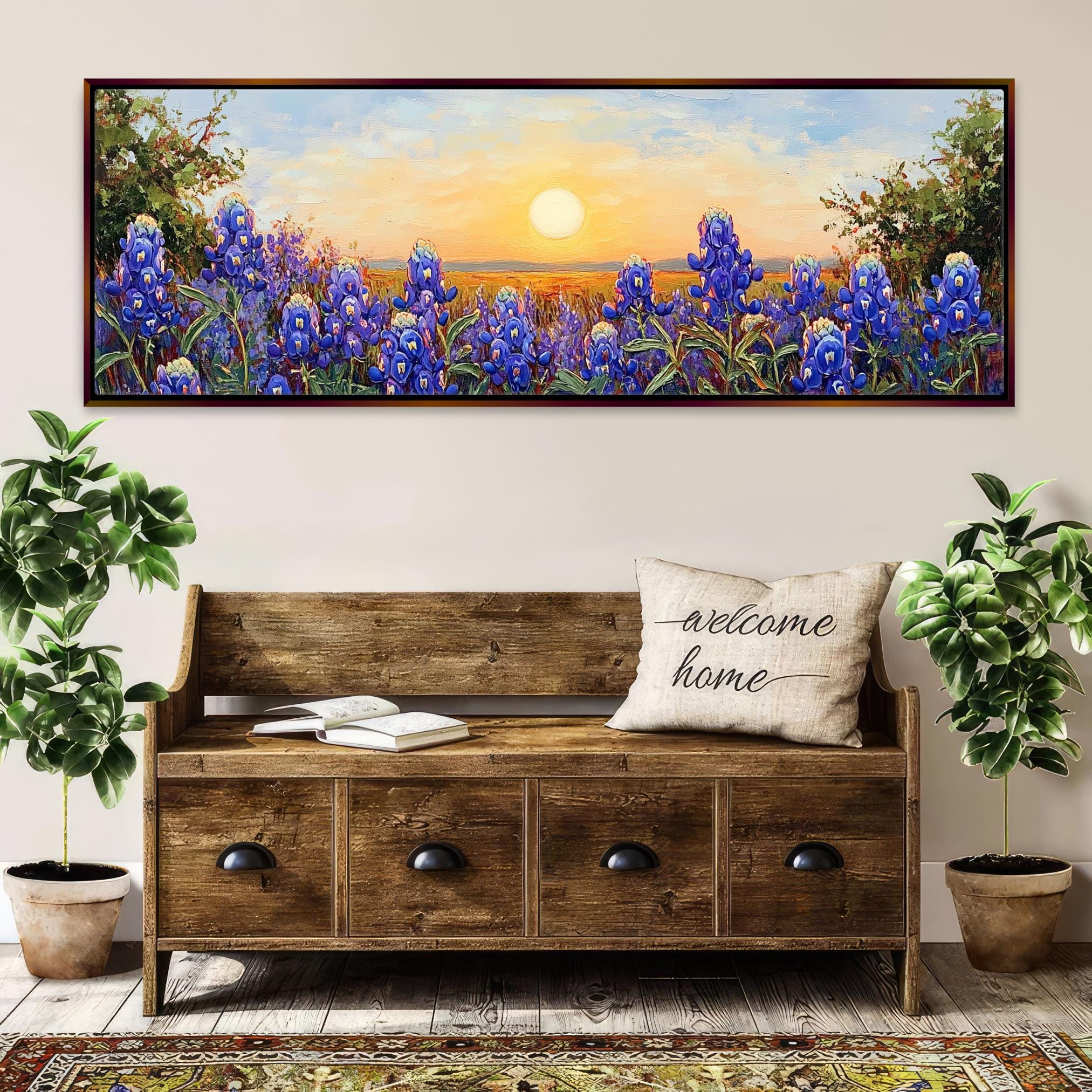 a painting on a wall above a wooden bench