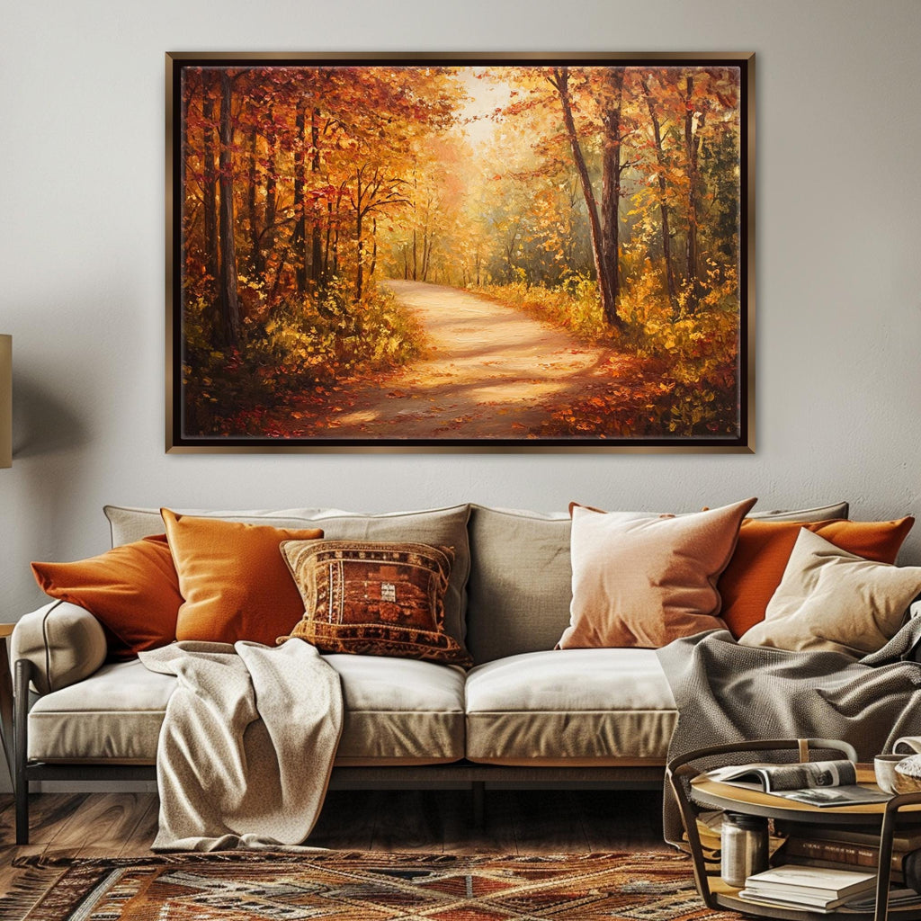 a large painting of a forest path with autumn foliage hanging on a wall above a beige sofa adorned with orange and beige throw pillows.