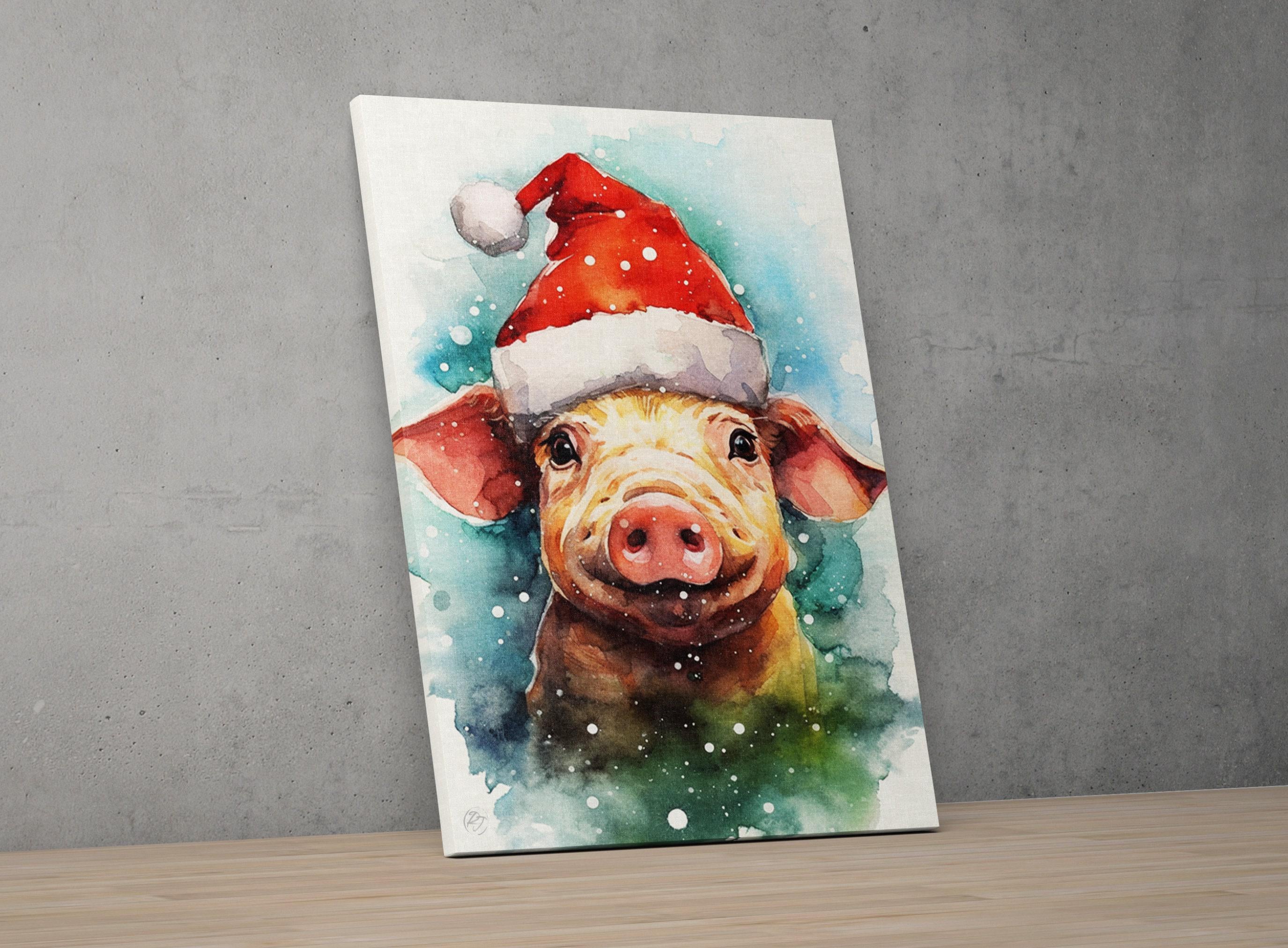Santa Pig Watercolor - Holiday Farmhouse Decor, Giclee Print on Canvas, Artist Paper, Watercolor Paper, Available in Extra Large Sizes