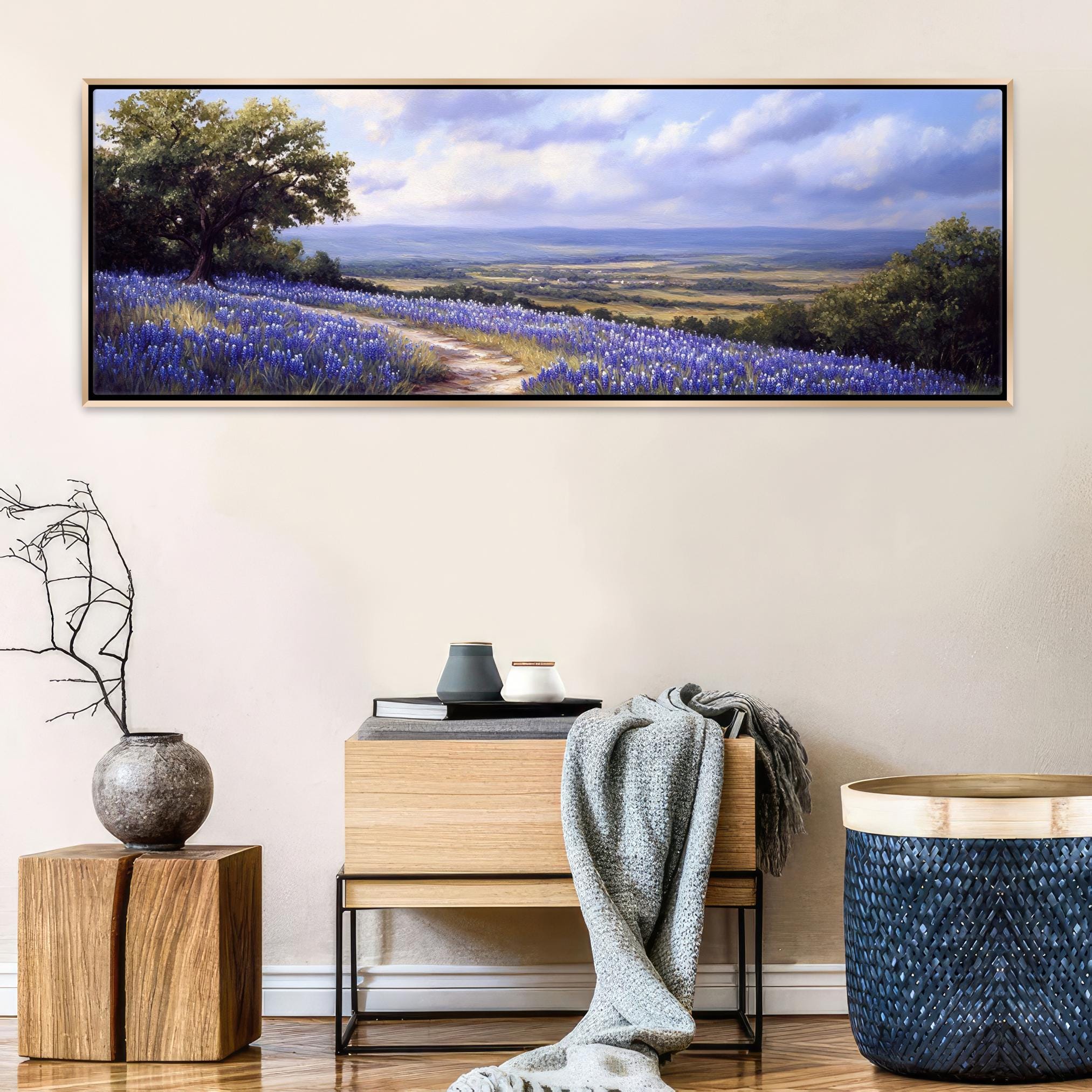 a painting of a field of blue flowers