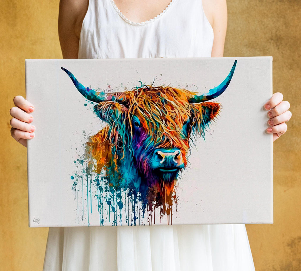 Rustic Beauty: Highland Cow Watercolor Painting, Giclee Print on Canvas, Artist Paper, Watercolor Paper, Available in Extra Large Sizes