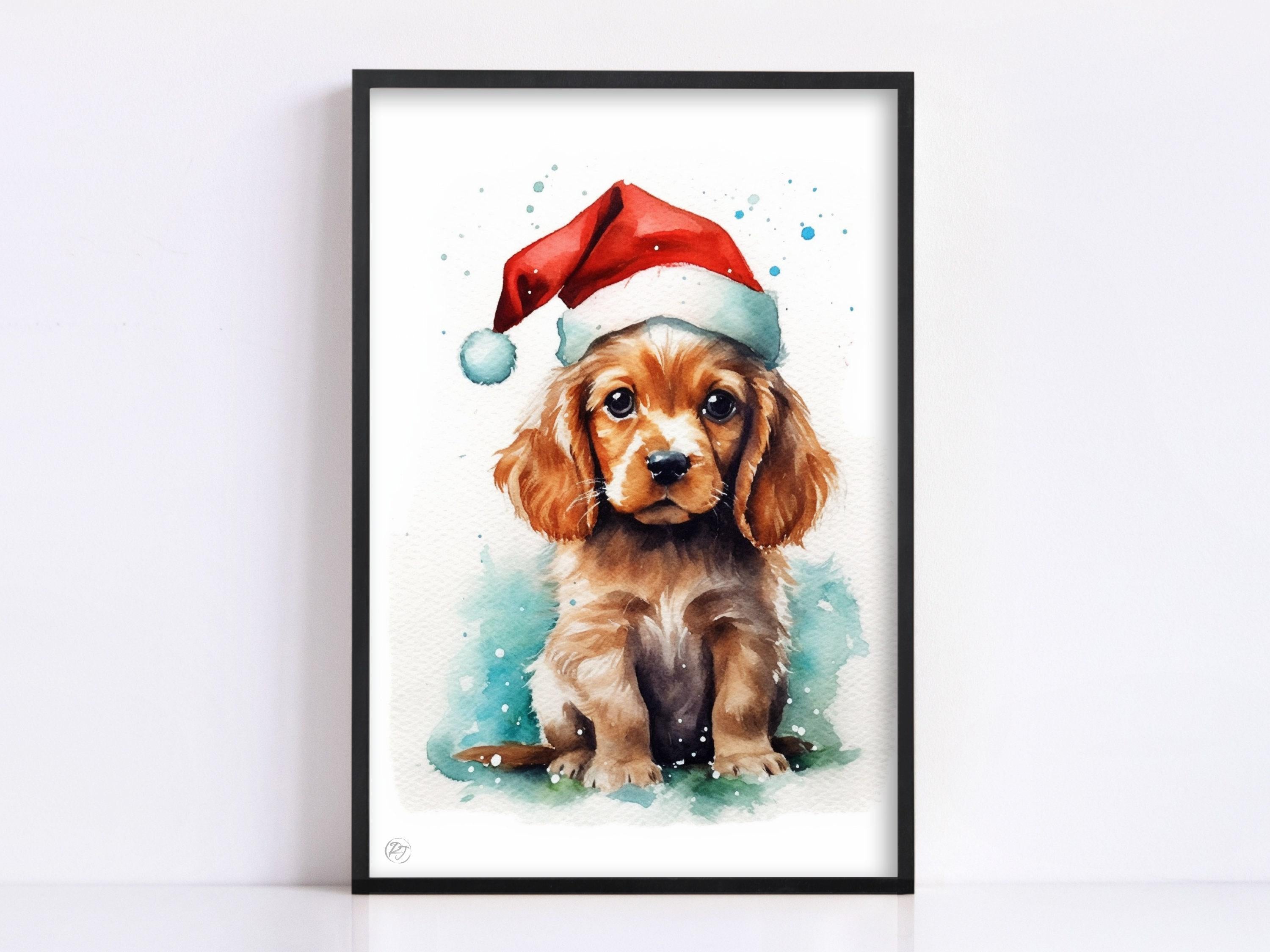 Festive Puppy Portrait - Watercolor Dog in Santa Hat, Giclee Print on Canvas, Artist Paper, Watercolor Paper, Available in Extra Large Sizes