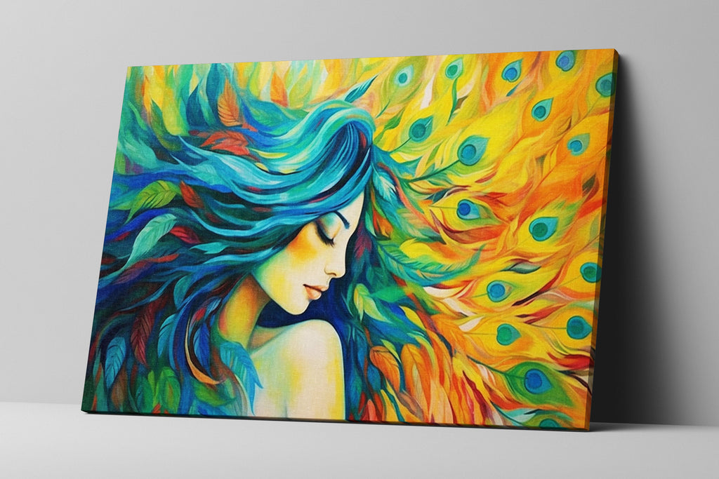 Peacock Feather Canvas - Elegant Woman Portrait Art | Large Gallery Ready Print