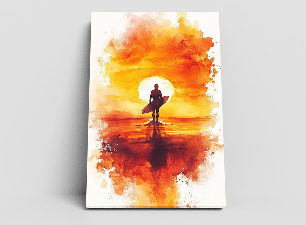 A surfer holding a surfboard stands on the water, silhouetted against a vibrant sunset.