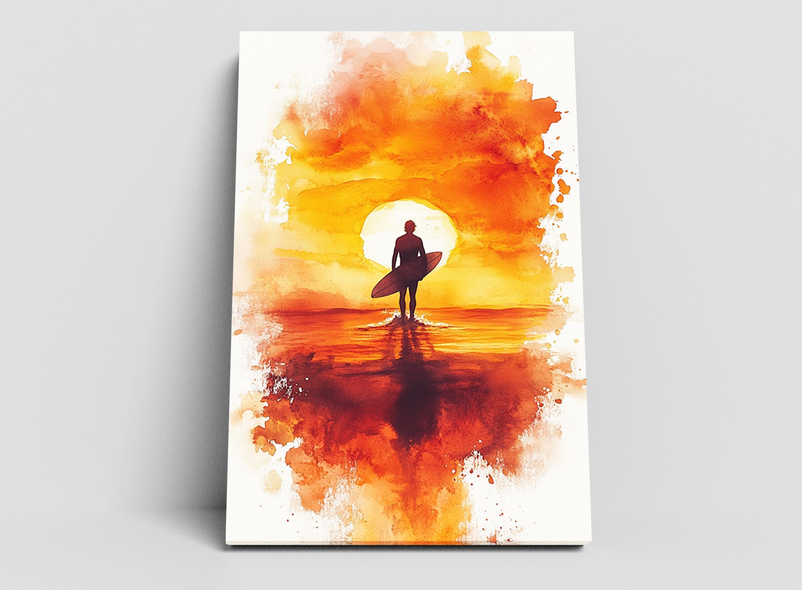 A surfer holding a surfboard stands on the water, silhouetted against a vibrant sunset.