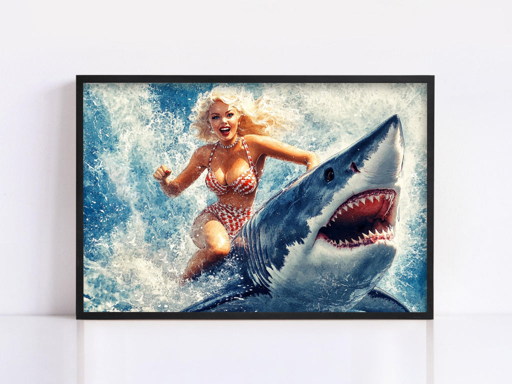 a woman in a bikini riding a shark