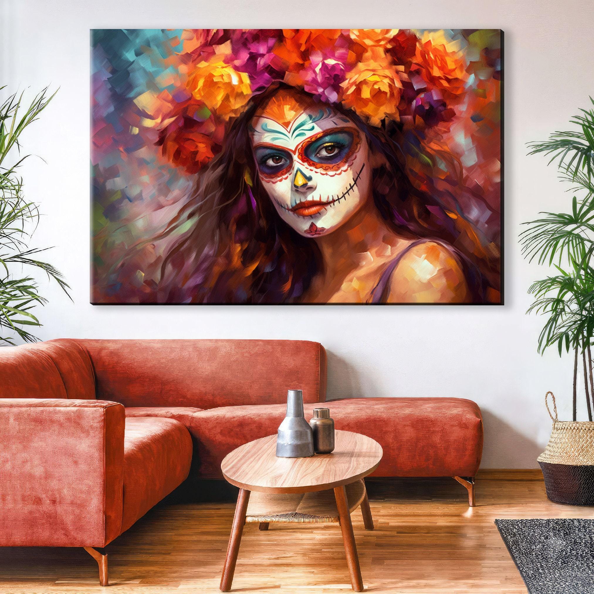 Day of the Dead Art - Mexican Woman Sugar Skull Canvas | Gallery Wrapped Large Floral Skull Decor
