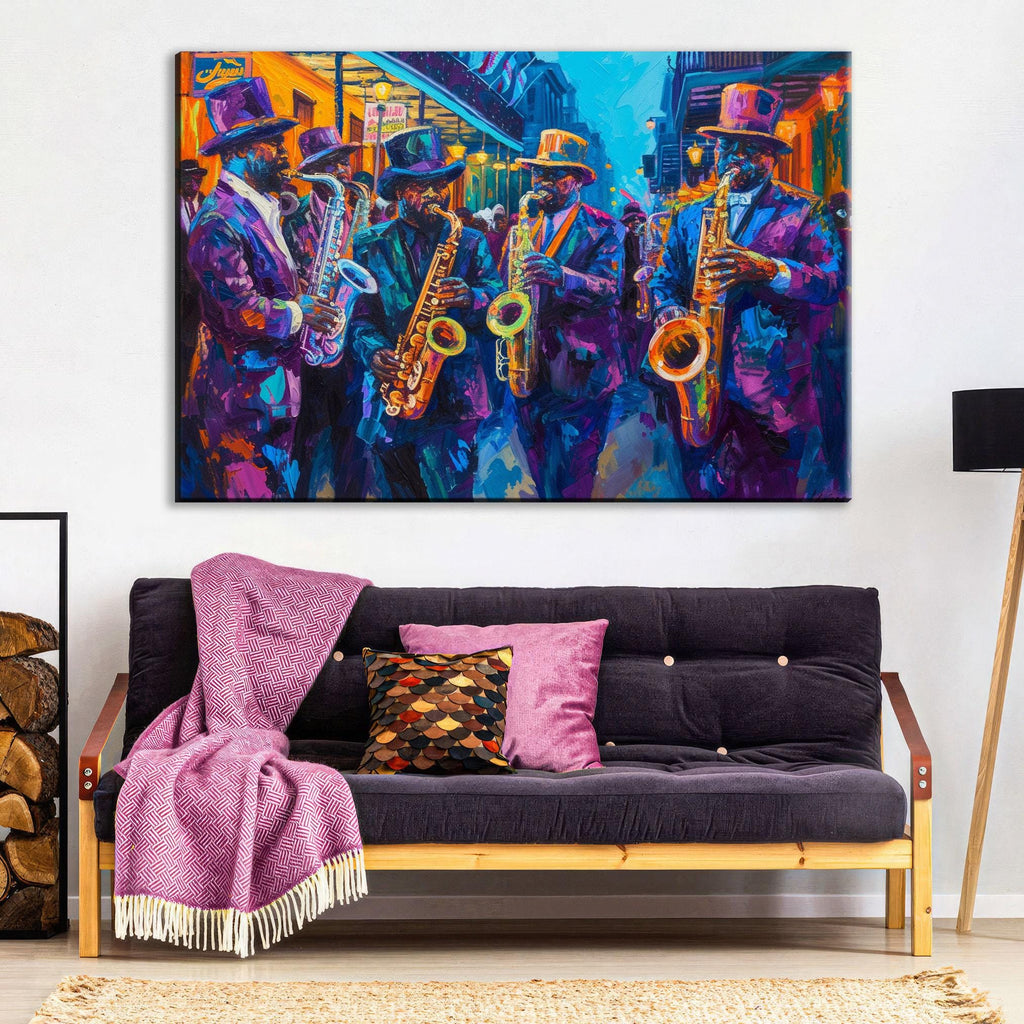a vibrant painting of a group of musicians playing saxophones, set against a colorful background.