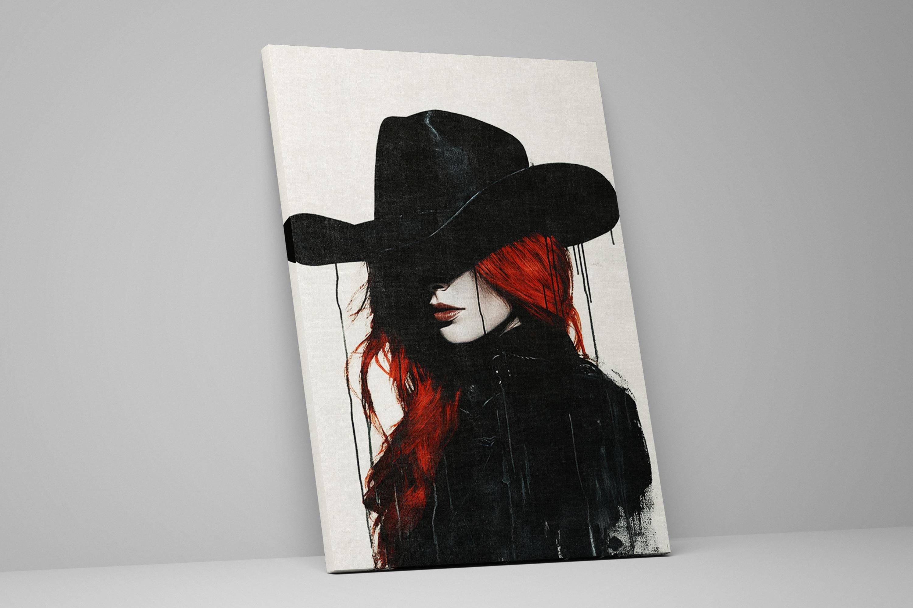 a painting of a woman with red hair wearing a cowboy hat