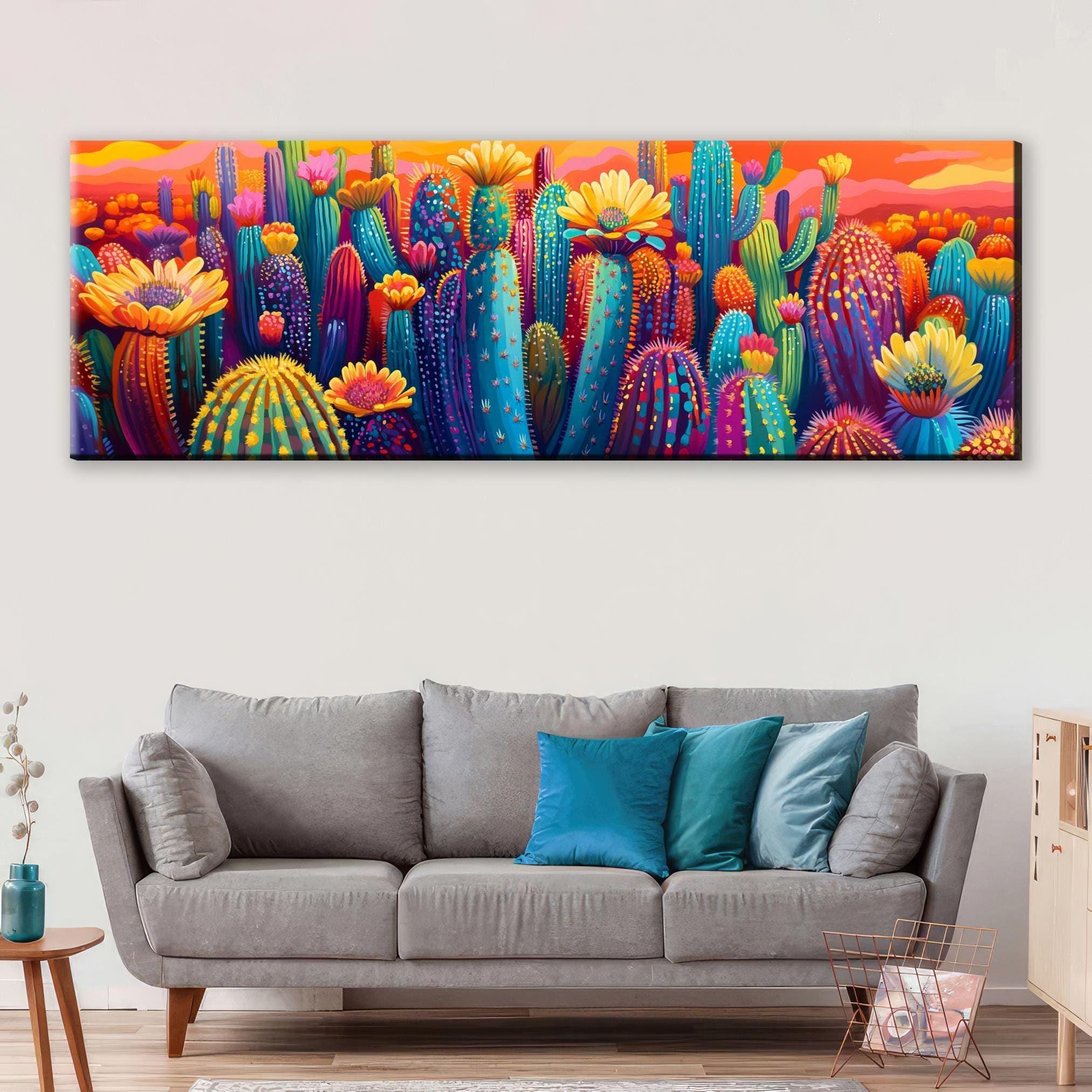 Desert Saguaro Canvas - Panoramic Wall Art | Oversized Gallery Wrap | Vibrant Cactus Bloom Painting