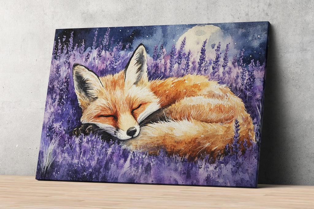 A painting of a sleeping fox in a field of purple flowers, with a full moon in the background.