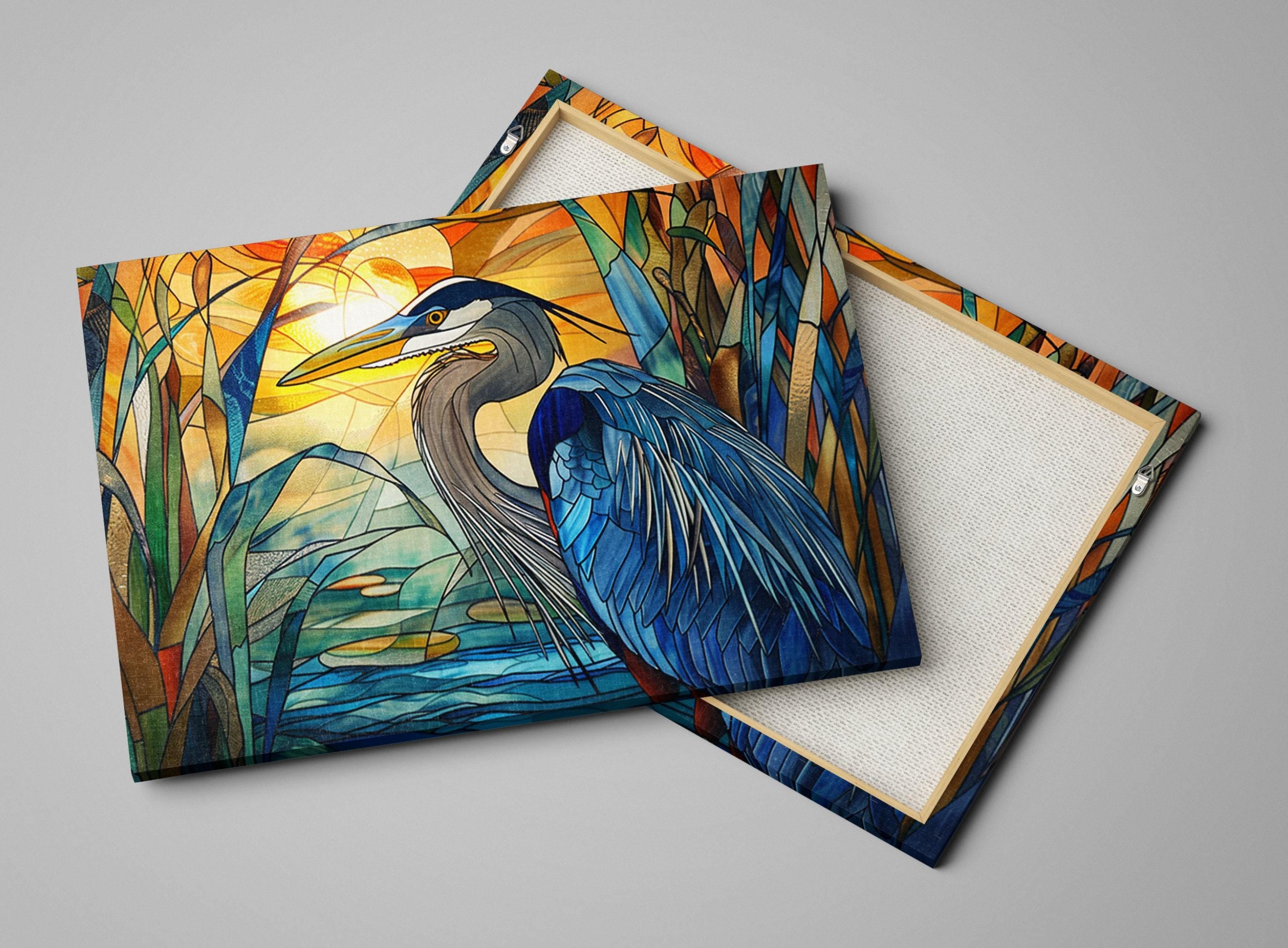 Blue Heron Canvas | Stained Glass Style Large Canvas Art - Coastal Bird Wall Decor