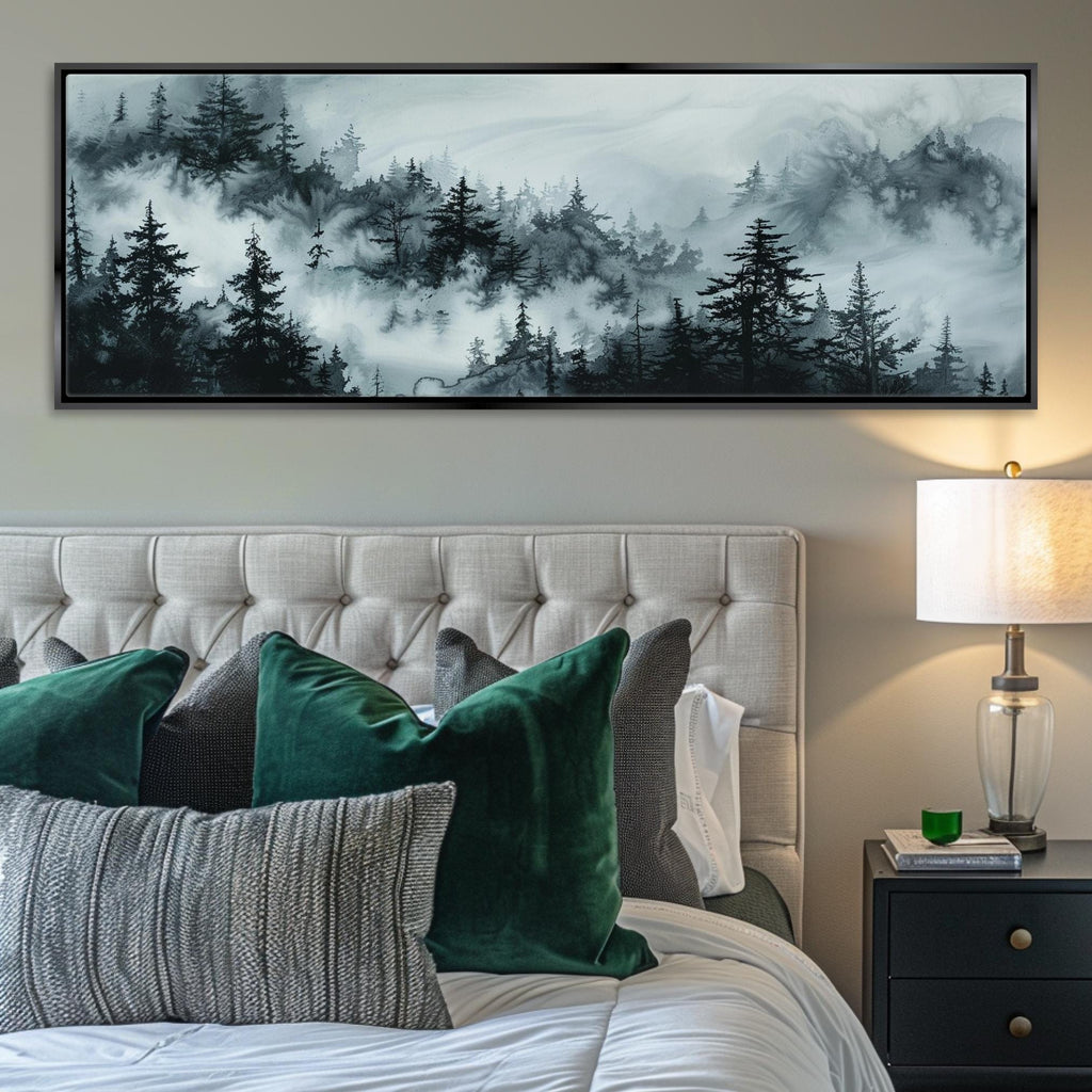 a bedroom with a large painting above the bed