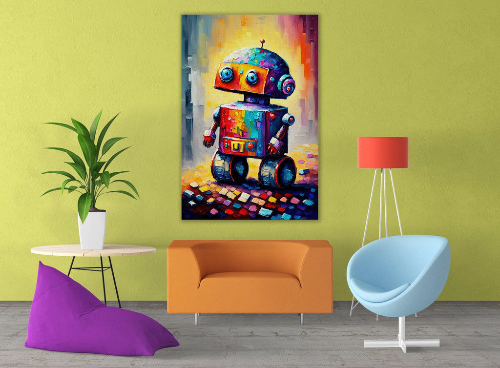 Kids Robot Wall Art - Colorful Robot Art Print on Lightweight Stretched Canvas