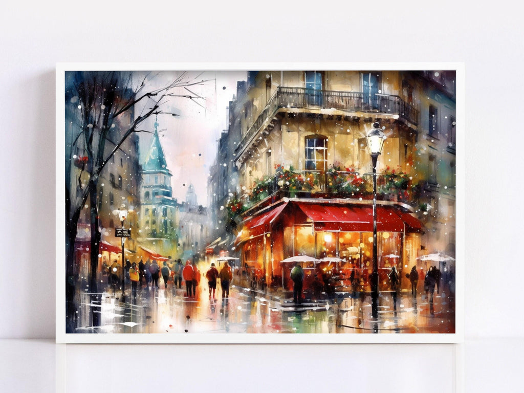 Christmas Watercolor Cityscape - Paris Holiday Wall Art, Print on Canvas, Artist Paper, Watercolor Paper, Available in Extra Large Sizes