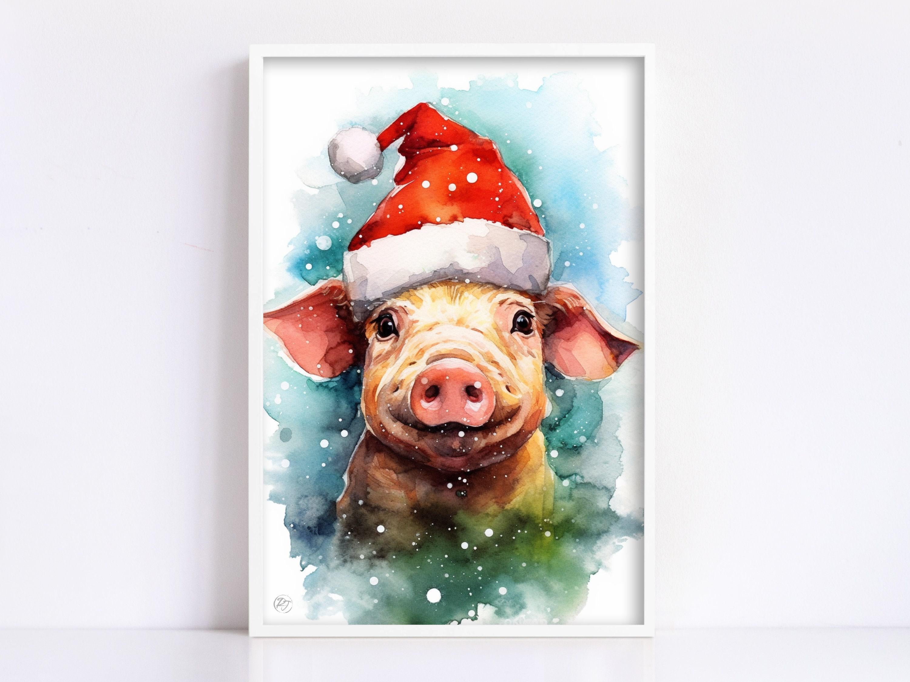 Santa Pig Watercolor - Holiday Farmhouse Decor, Giclee Print on Canvas, Artist Paper, Watercolor Paper, Available in Extra Large Sizes