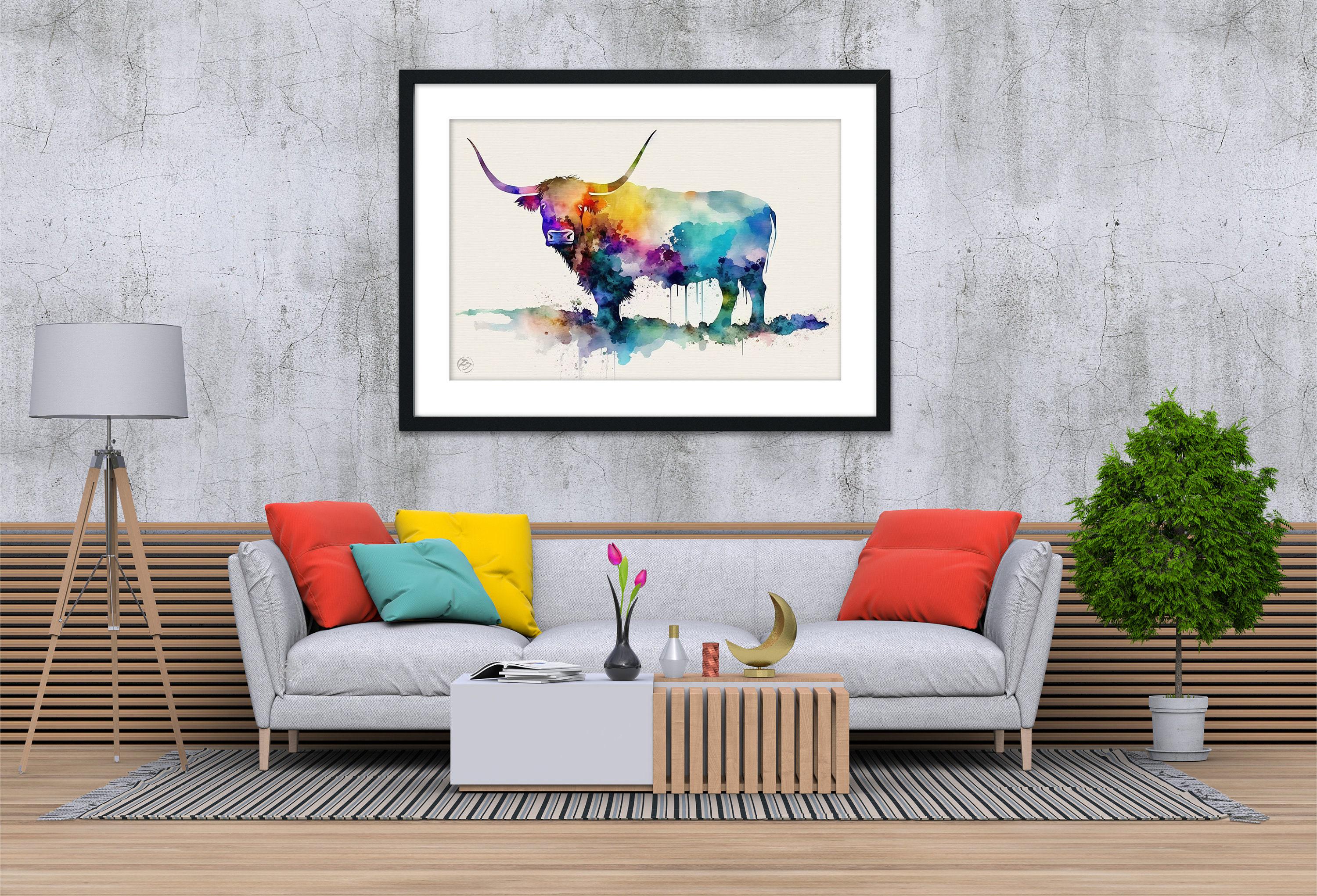 Nature's Charm: Highland Cow Watercolor Wall Art, Giclee Print on Canvas, Artist Paper, Watercolor Paper, Available in Extra Large Sizes
