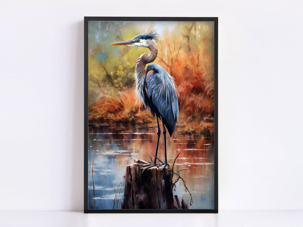 A blue heron standing on a rock in a pond, surrounded by autumn foliage.