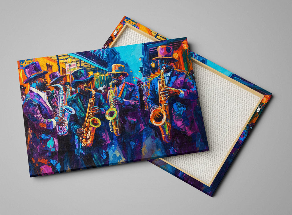 The image is a vibrant painting depicting a group of musicians playing various instruments, including saxophones, in a lively and colorful setting.