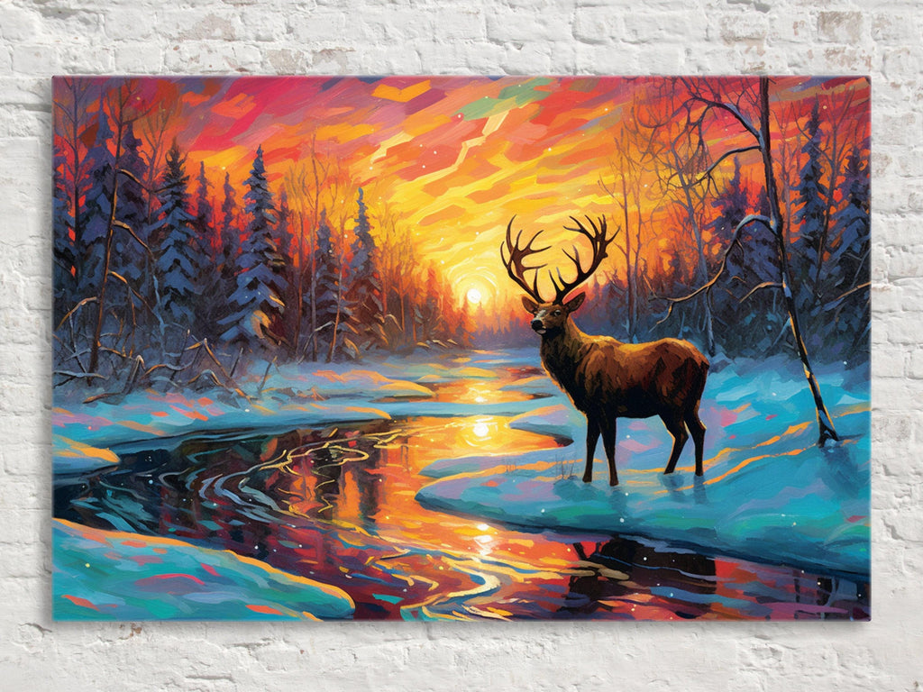 Winter Deer Sunset Art – Vibrant Snowy River Painting on Gallery Wrapped Canvas