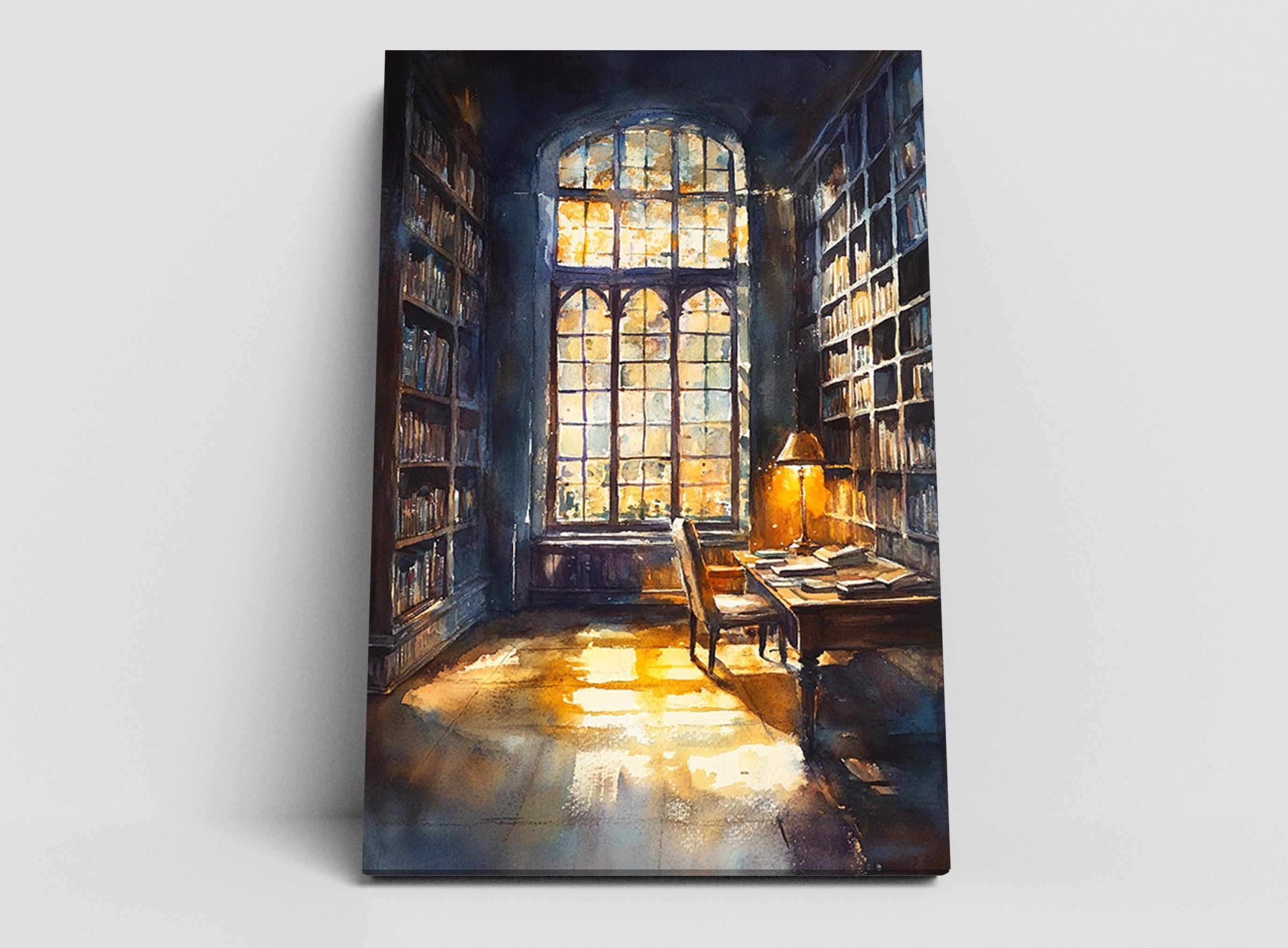 a serene and cozy library room with a large window, bookshelves filled with books, and a desk with a lamp, creating a warm and inviting atmosphere.