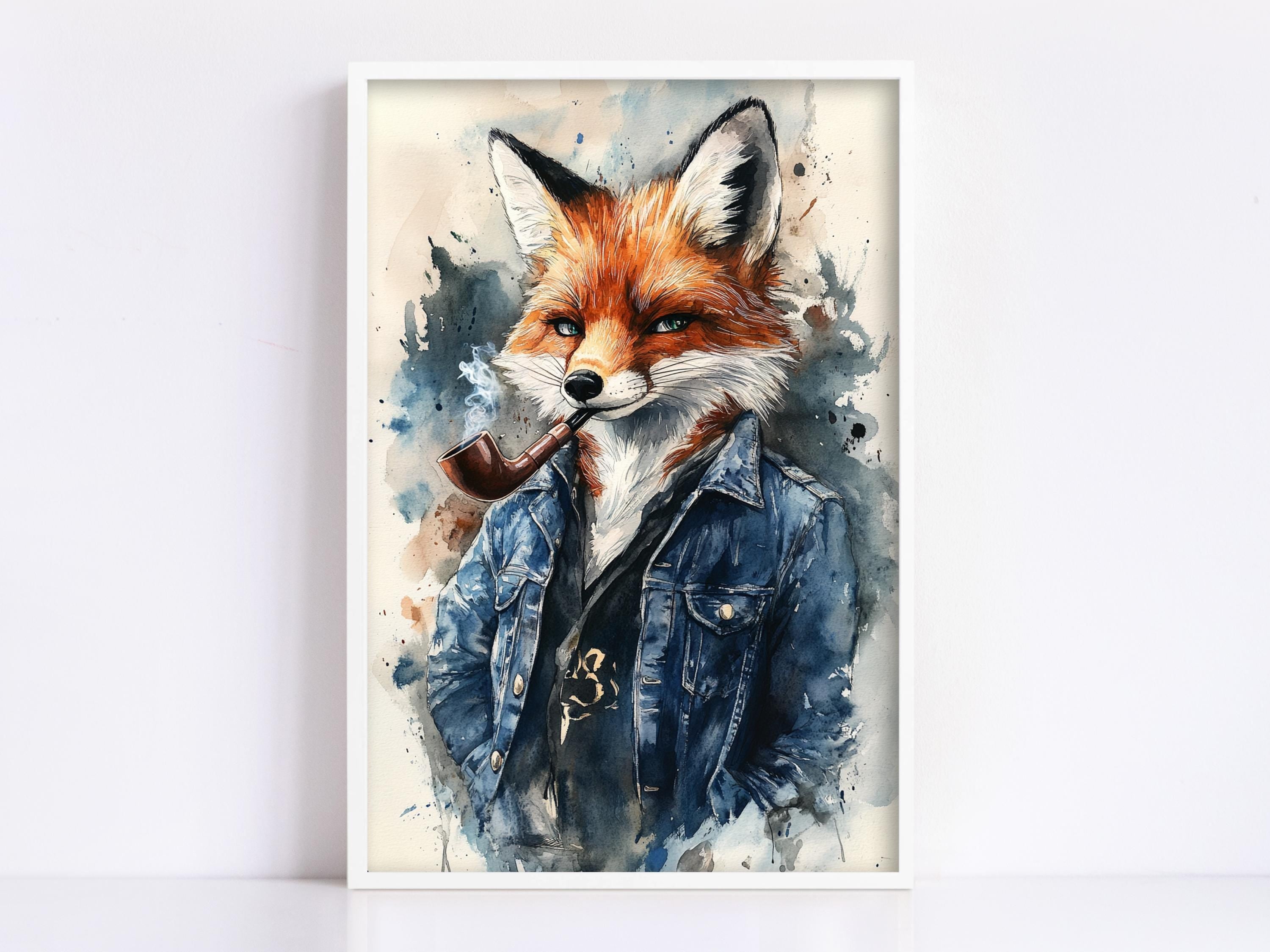 A framed painting depicting a fox wearing a blue denim jacket and smoking a pipe.