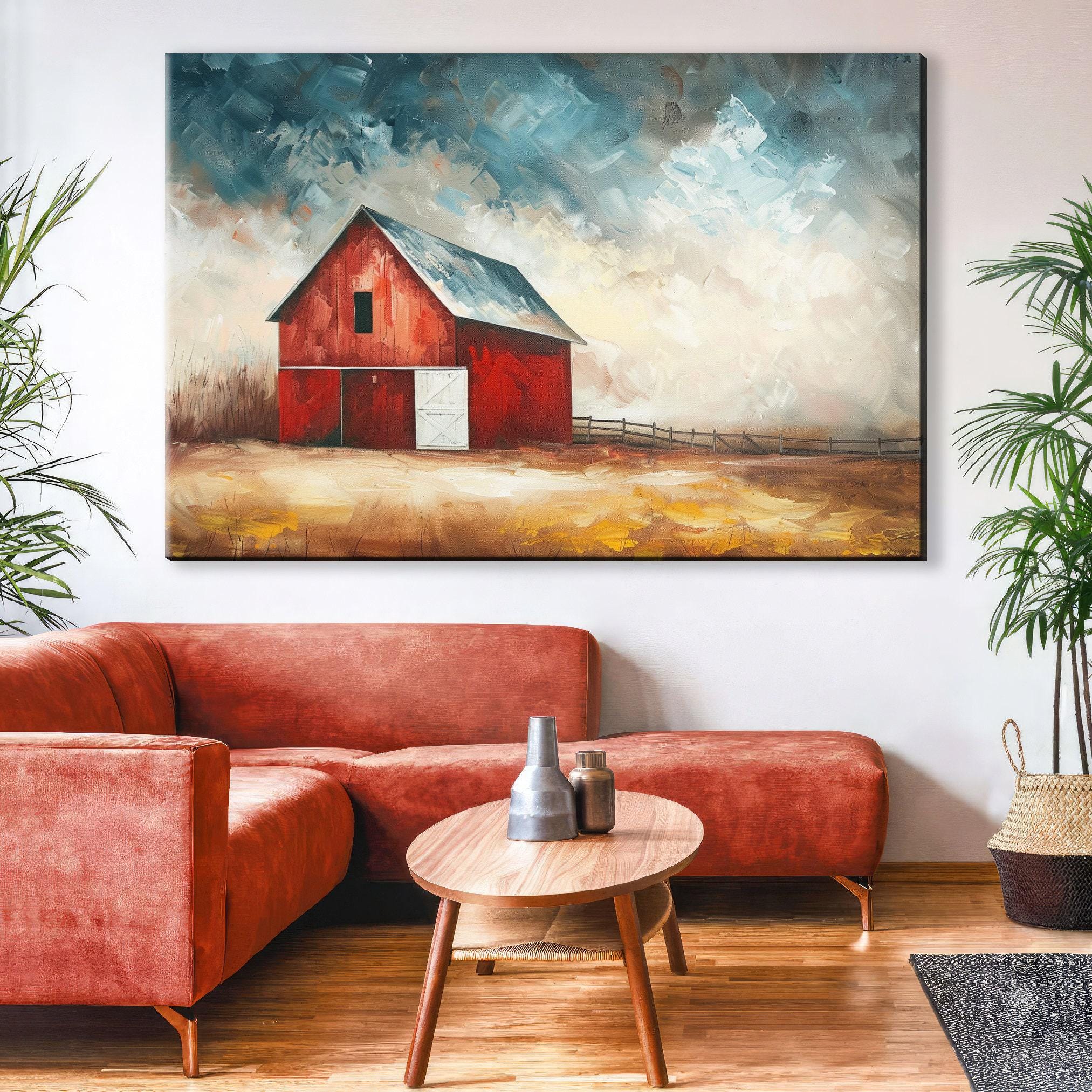 Rustic Farmhouse Wall Art - Large Canvas Art with Red Barn, Gallery Wrapped Canvas