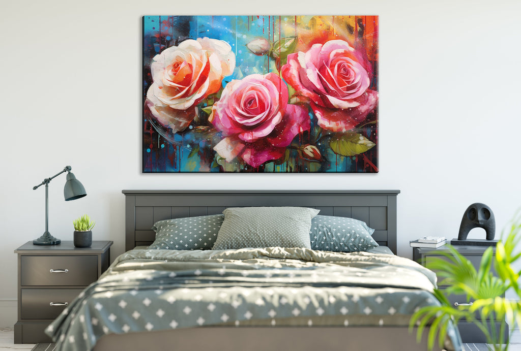 Pink and White Roses Canvas | Large Floral Wall Decor with Vibrant Alcohol Ink Style