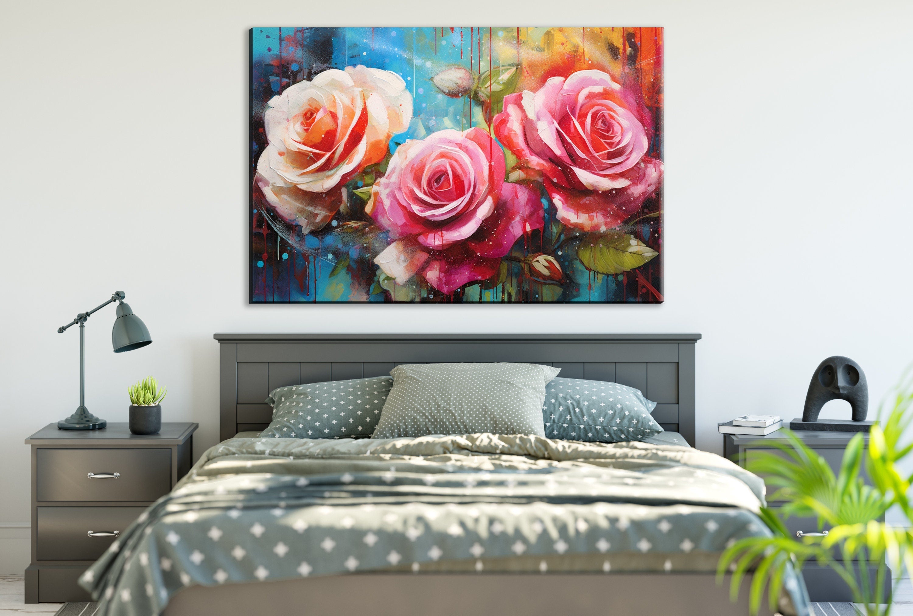Pink and White Roses Canvas | Large Floral Wall Decor with Vibrant Alcohol Ink Style