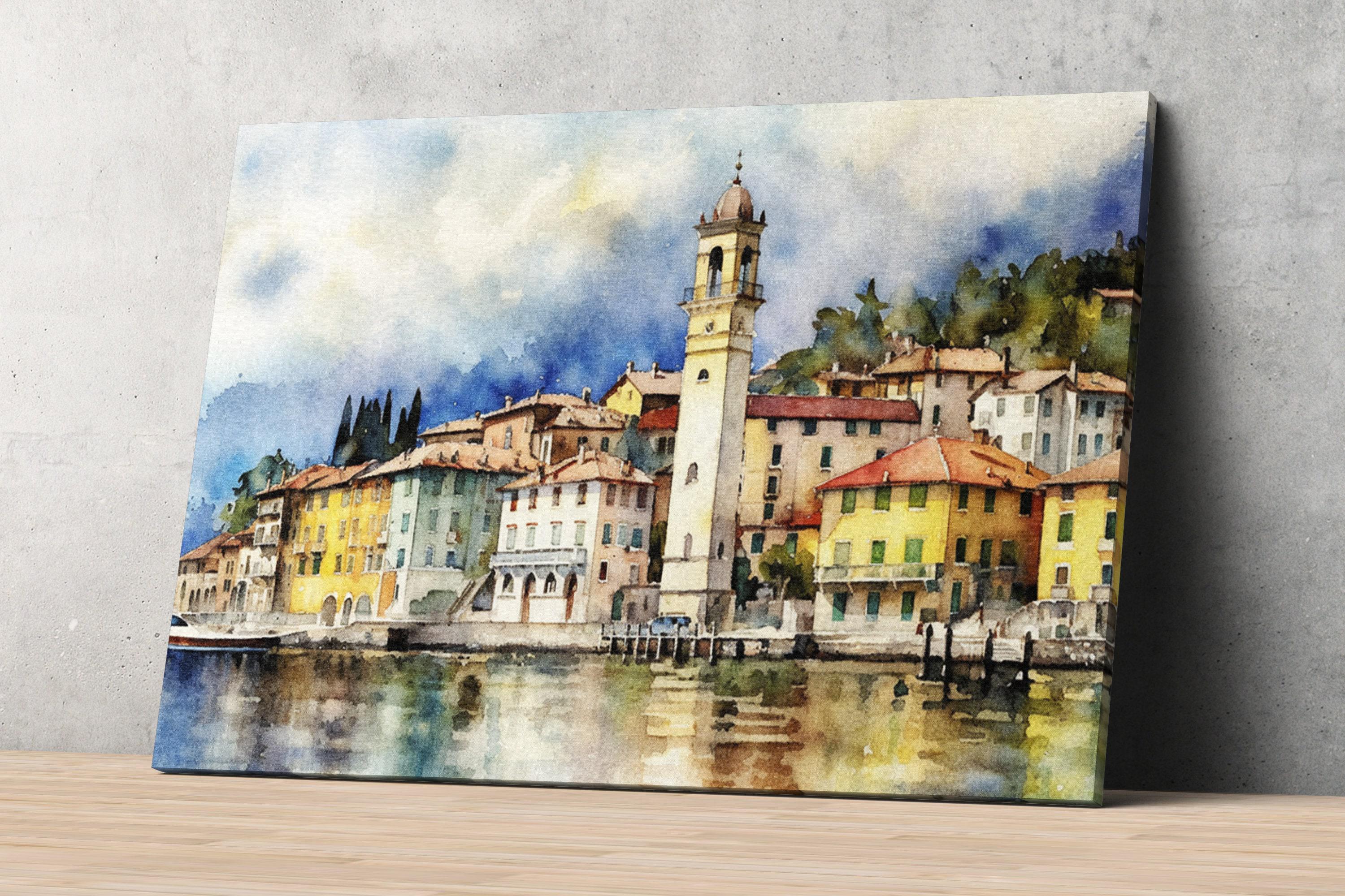 Tranquil Lake Cuomo Waters - Italian Landscape Print, Giclee Print on Canvas, Artist Paper, Watercolor Paper, Available in Extra Large Sizes