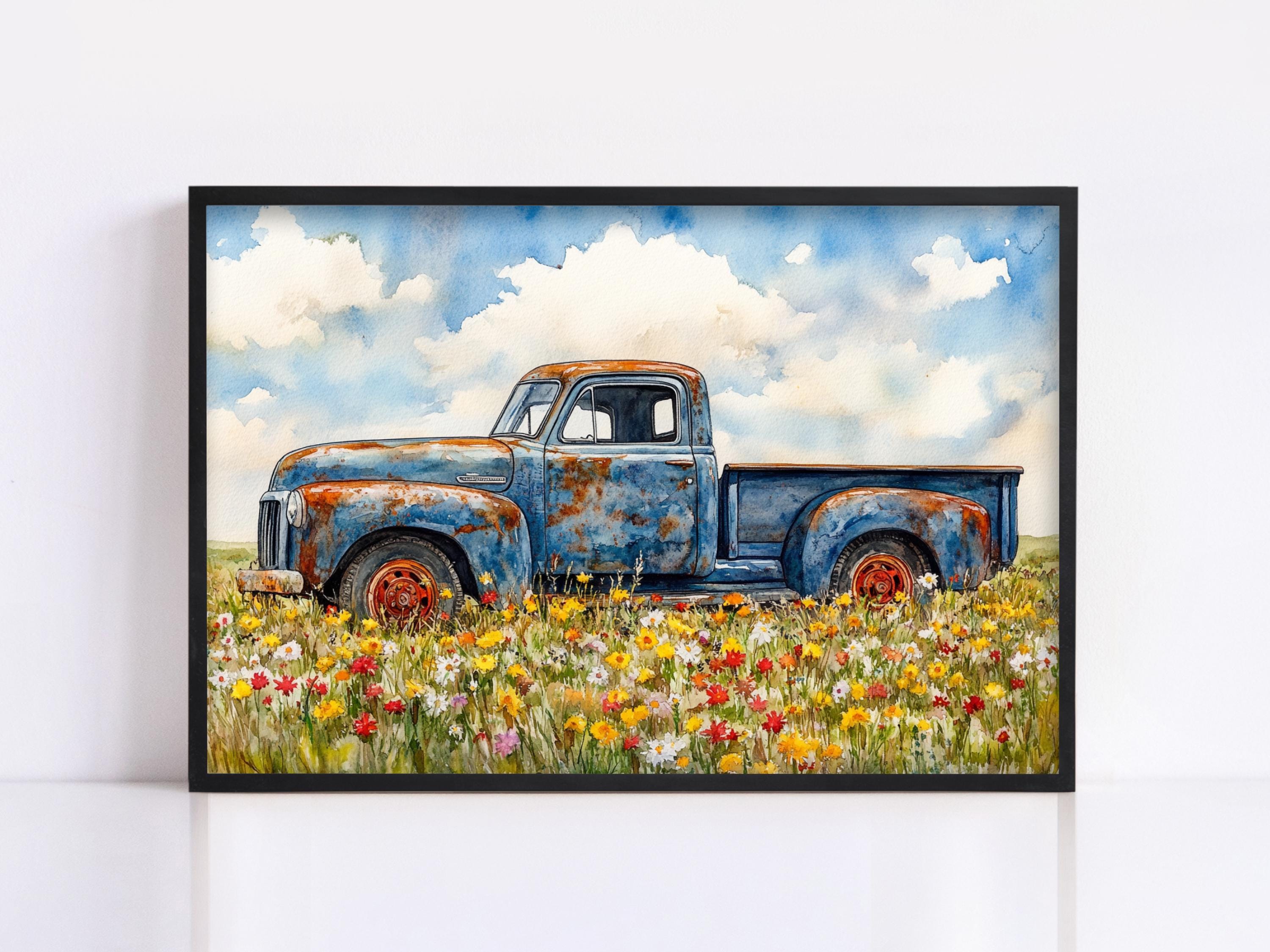 A blue vintage truck is parked in a field of colorful wildflowers, set against a backdrop of a cloudy sky.