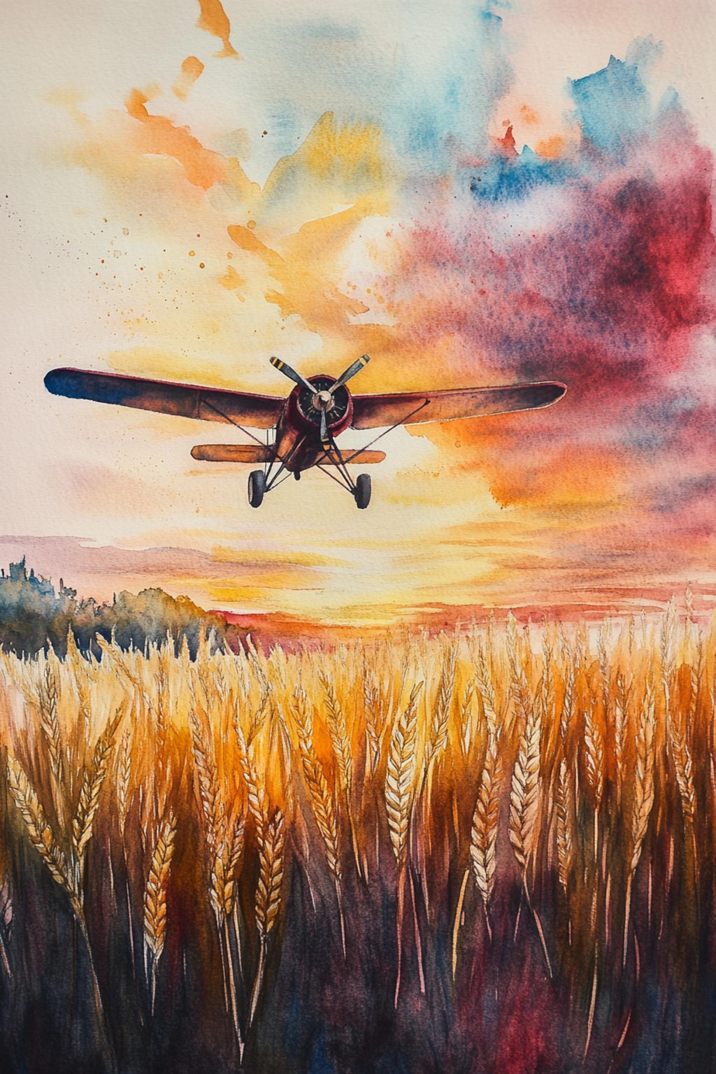 A vintage propeller plane soars over a golden wheat field at sunset, with a vibrant sky filled with clouds and warm hues of orange, yellow, and red.