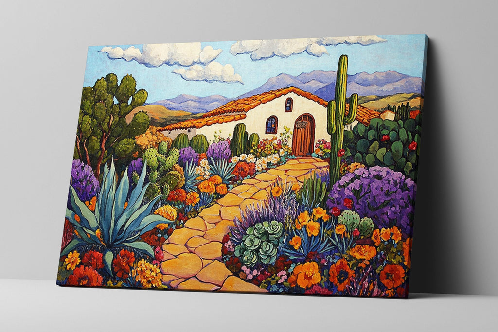 a painting of a house in the desert