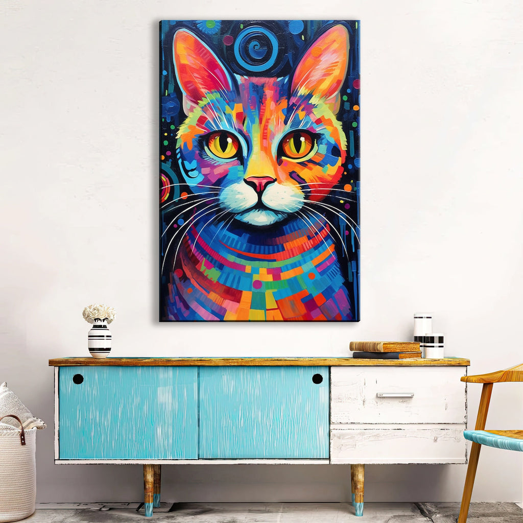 Colorful Cat Painting - Large Canvas Wall Art | Vibrant Pet Art, Expressive Cat Portrait