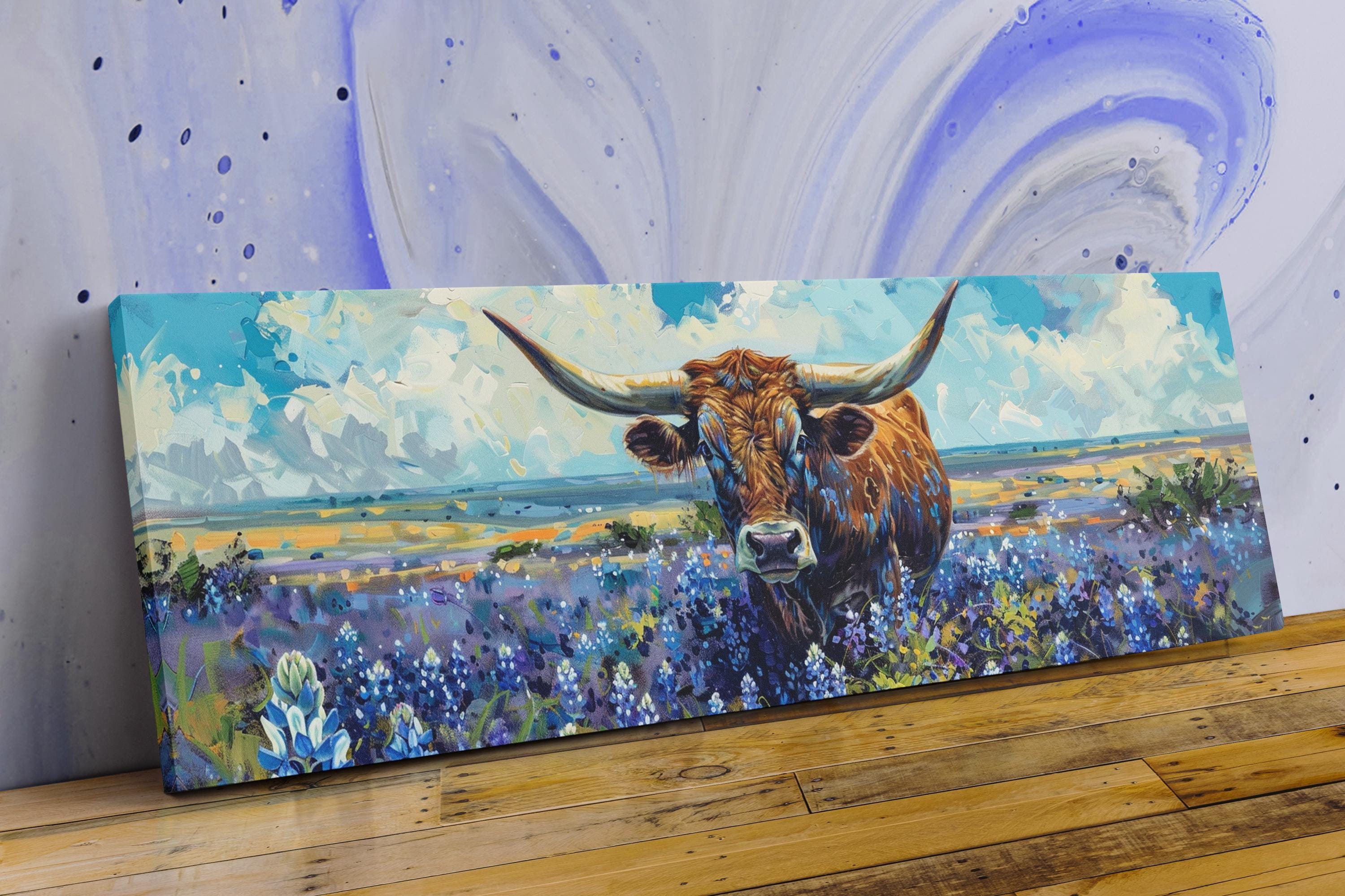 The image is a painting of a large horned cow standing in a field of flowers, with a blue sky and clouds in the background.