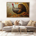 a large painting of a turkey on a wall above a couch with decorative pillows.