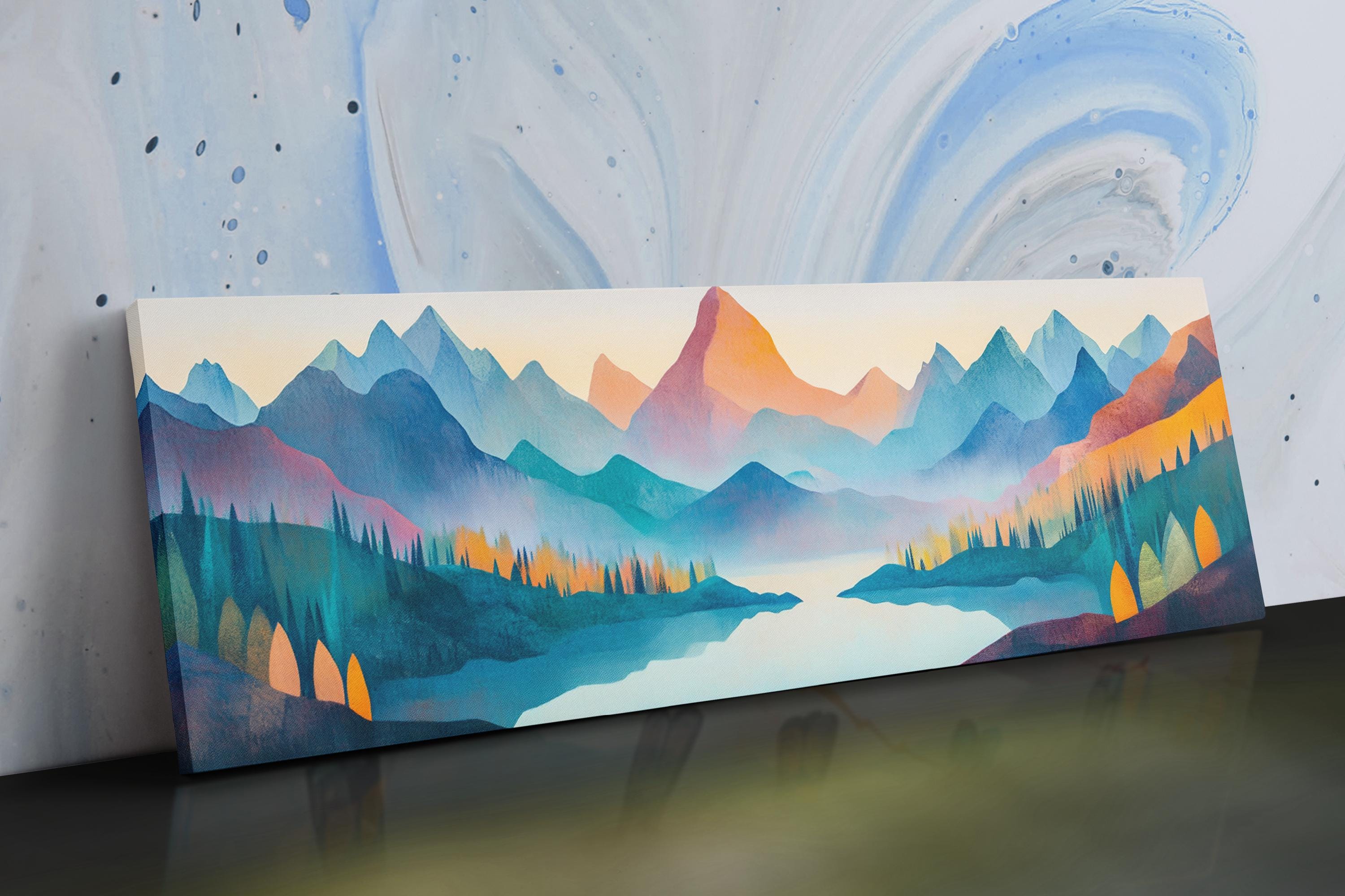 a painting of a mountain range with a lake in the foreground