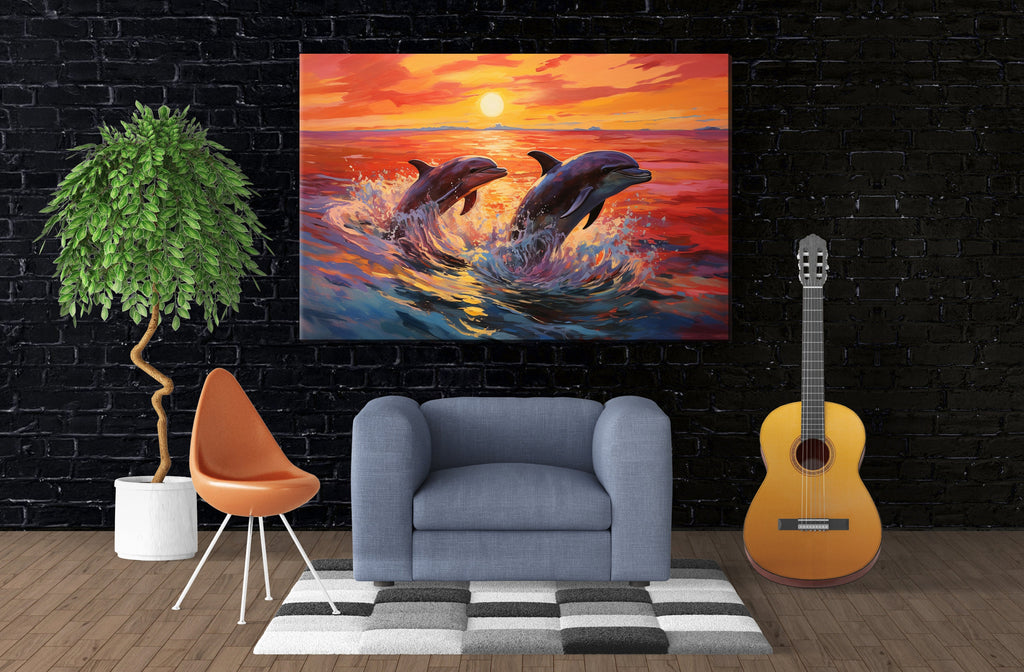 Dolphin Canvas Art – Large Ocean Wall Art | Pair of Dolphins, UV Coated Gallery Print