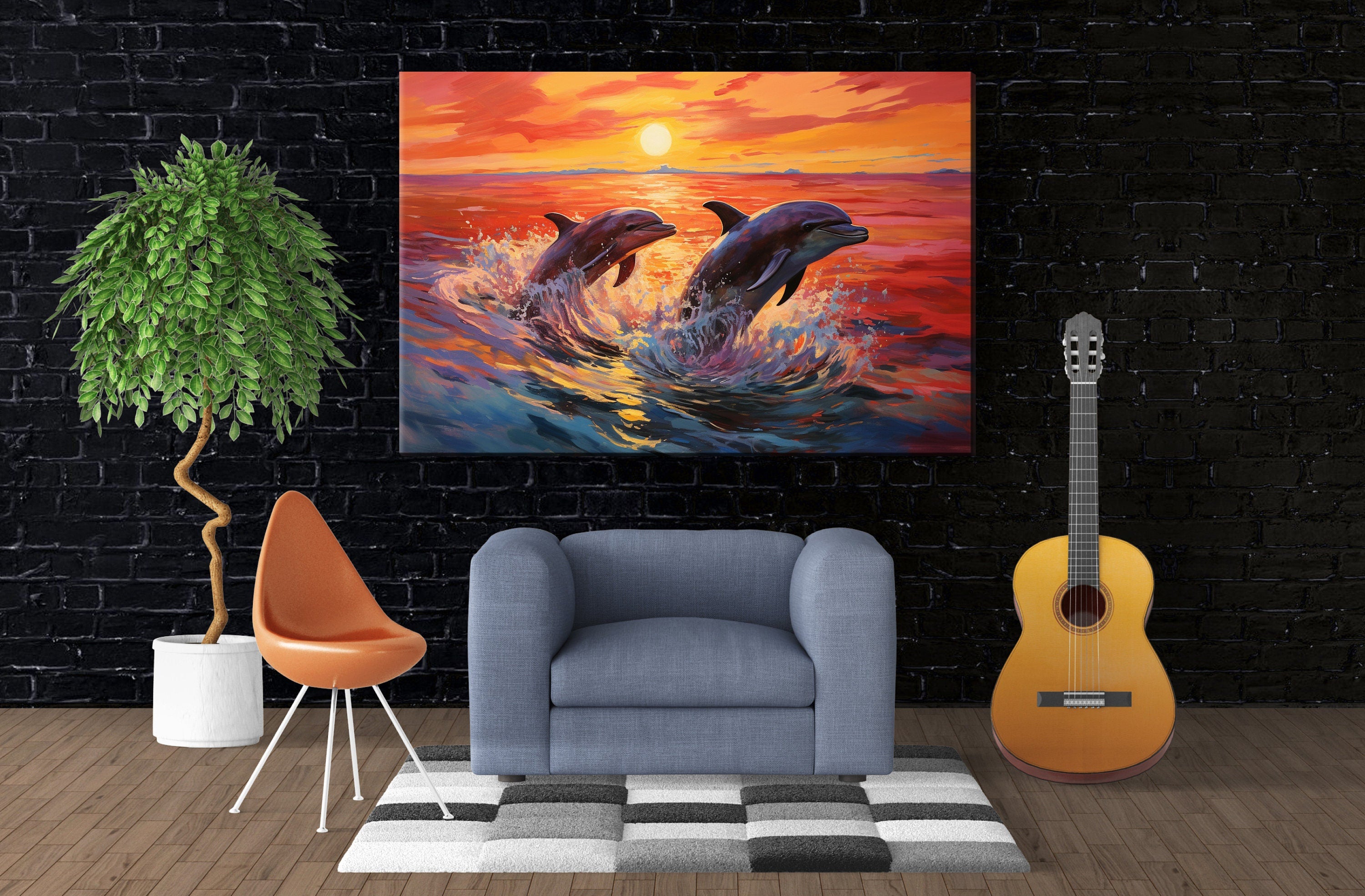 Dolphin Canvas Art – Large Ocean Wall Art | Pair of Dolphins, UV Coated Gallery Print