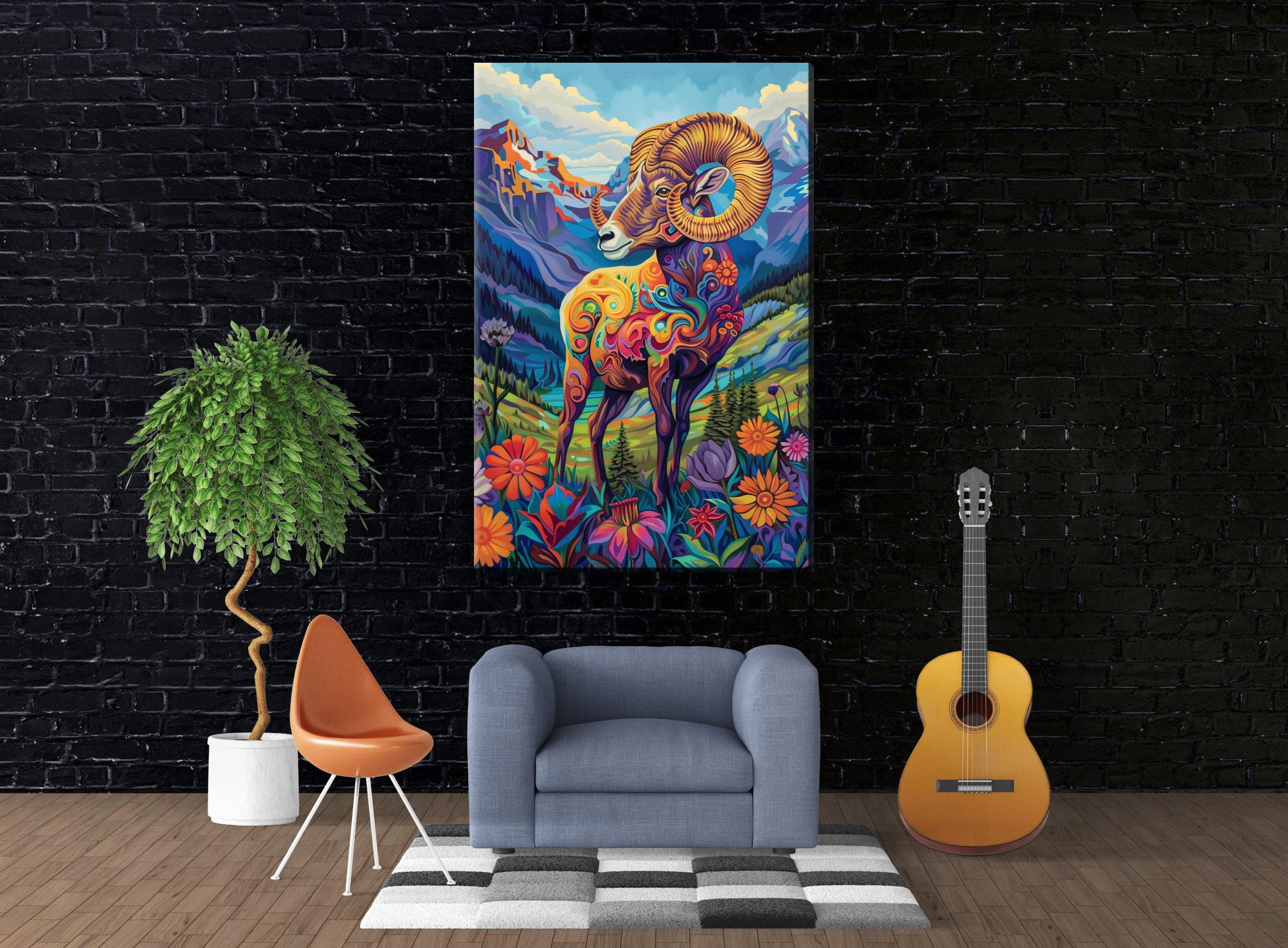 Bighorn Sheep Canvas – Vibrant Wildlife Painting on Gallery Wrapped Large Canvas Print