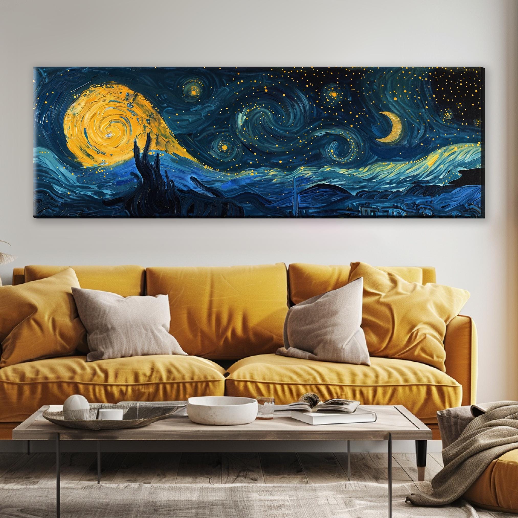 a living room with a couch and a painting on the wall