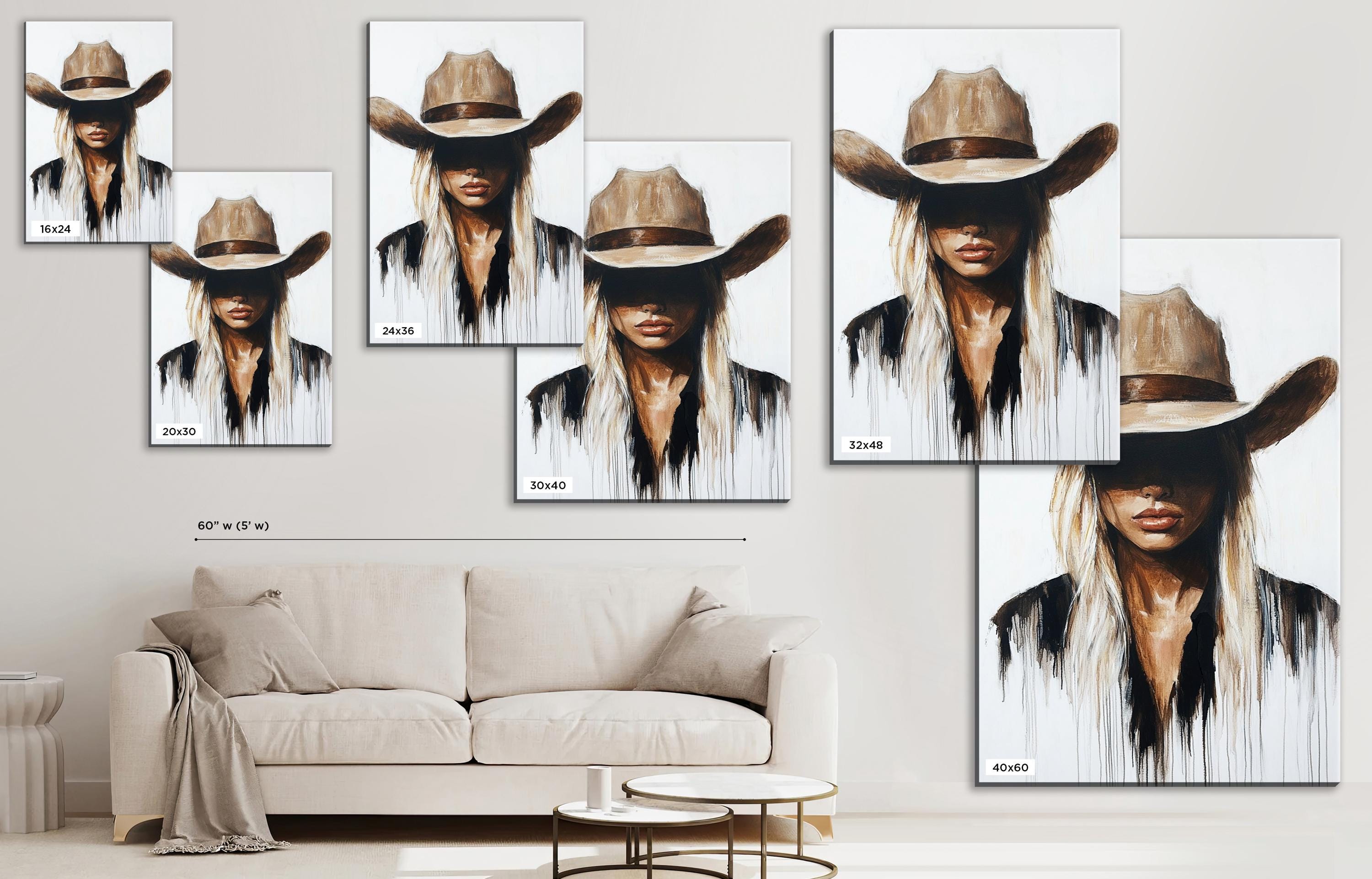 a living room with a couch and a painting of a woman wearing a cowboy hat