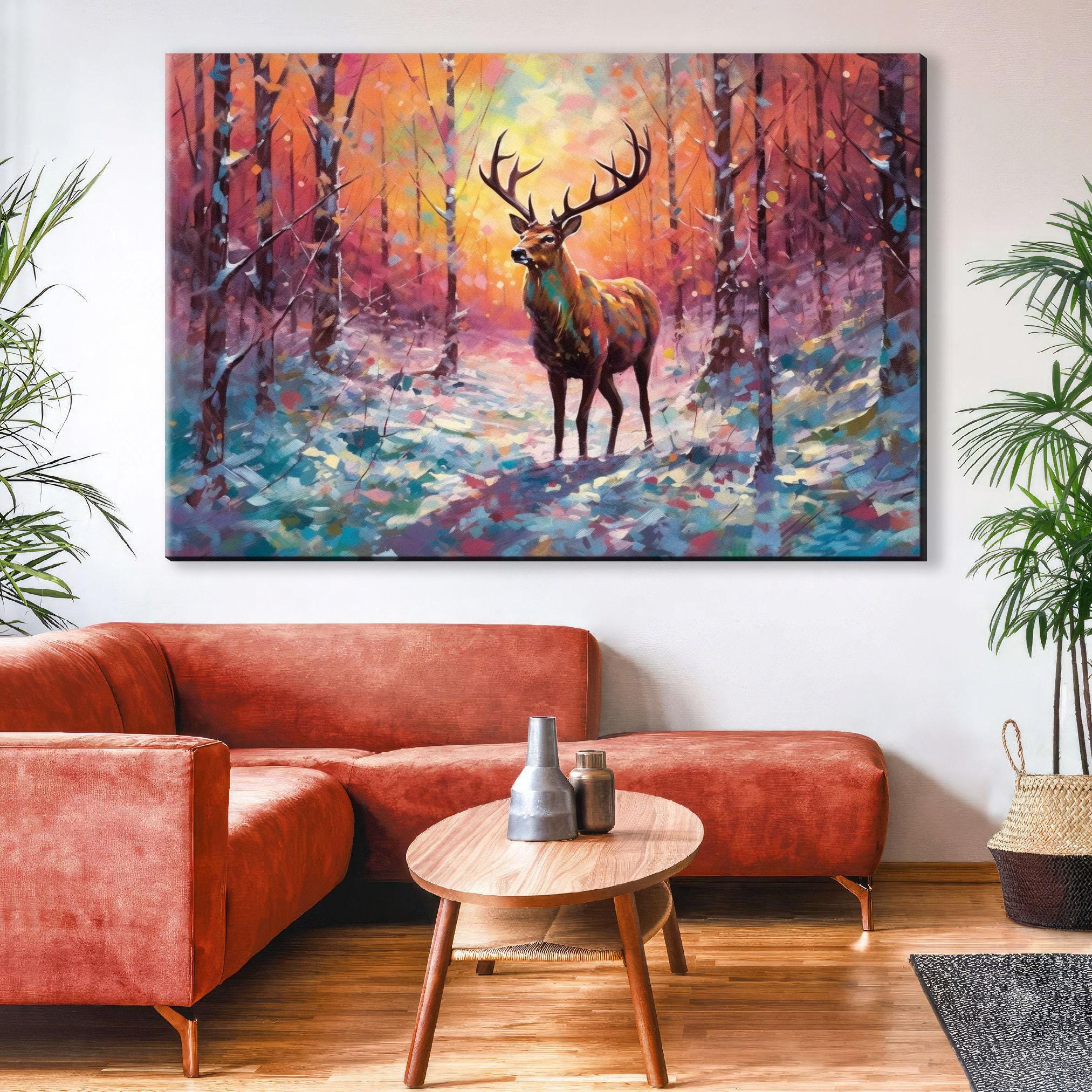 Reindeer Canvas Art - Snowy Winter Landscape | Christmas Wall Decor | Extra Large Canvas