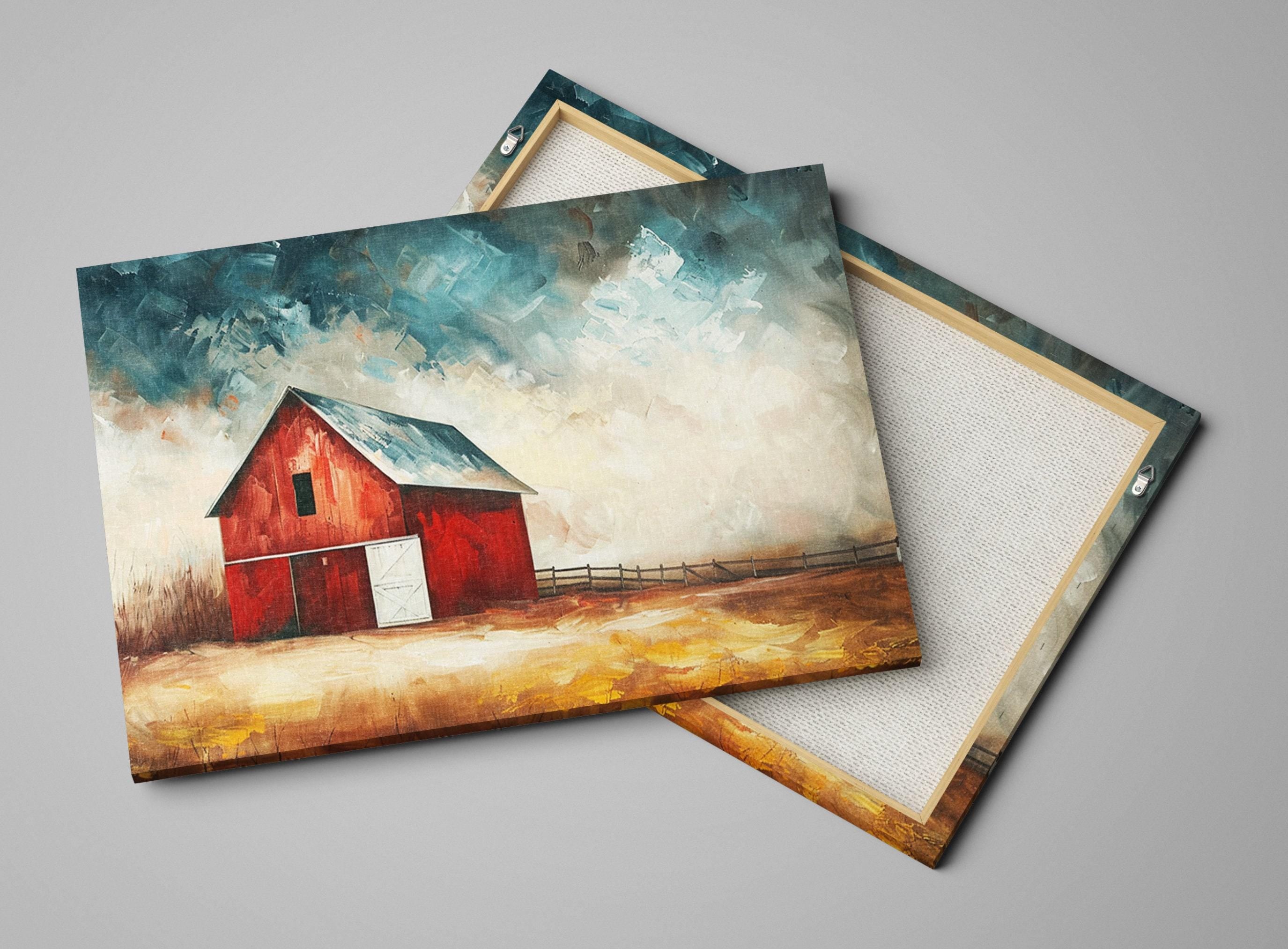 Rustic Farmhouse Wall Art - Large Canvas Art with Red Barn, Gallery Wrapped Canvas