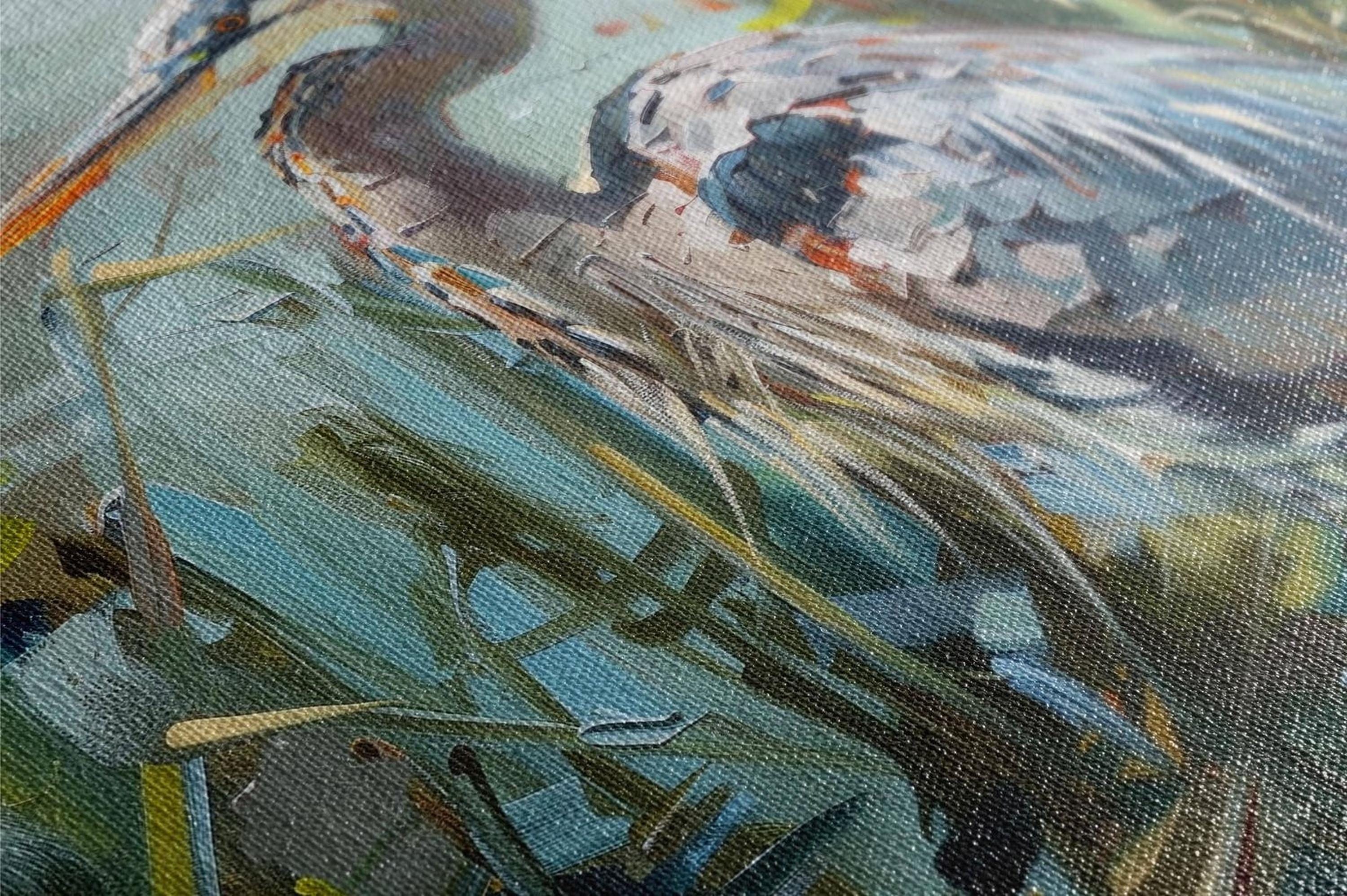 The image is a close-up of a painting depicting a bird with a textured, abstract background.