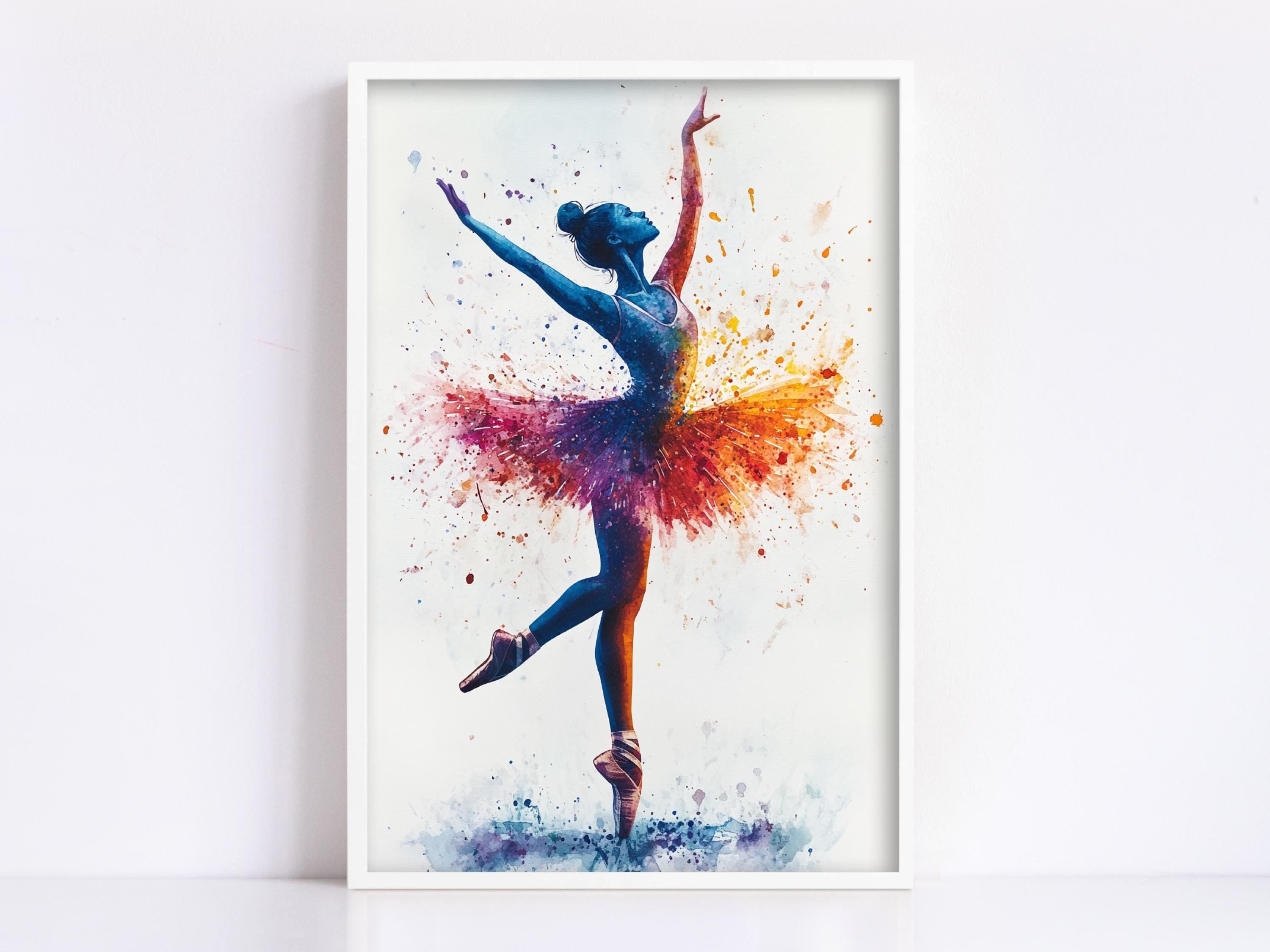 A framed painting depicting a ballerina in a dynamic pose, with her arms raised and her body adorned with a colorful tutu.