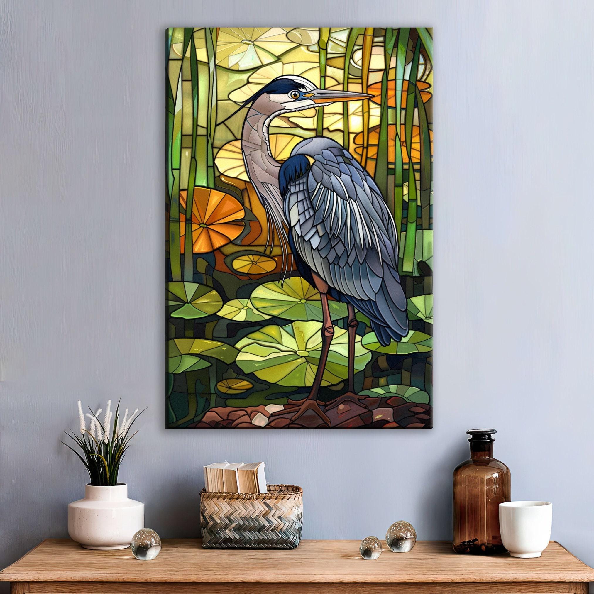 Blue Heron Canvas Art - Large Gallery Wrapped Stained Glass Style Print, Ready to Hang