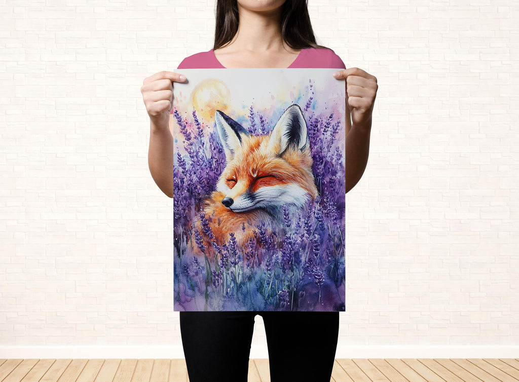 A woman holds up a framed painting of a fox surrounded by purple flowers.